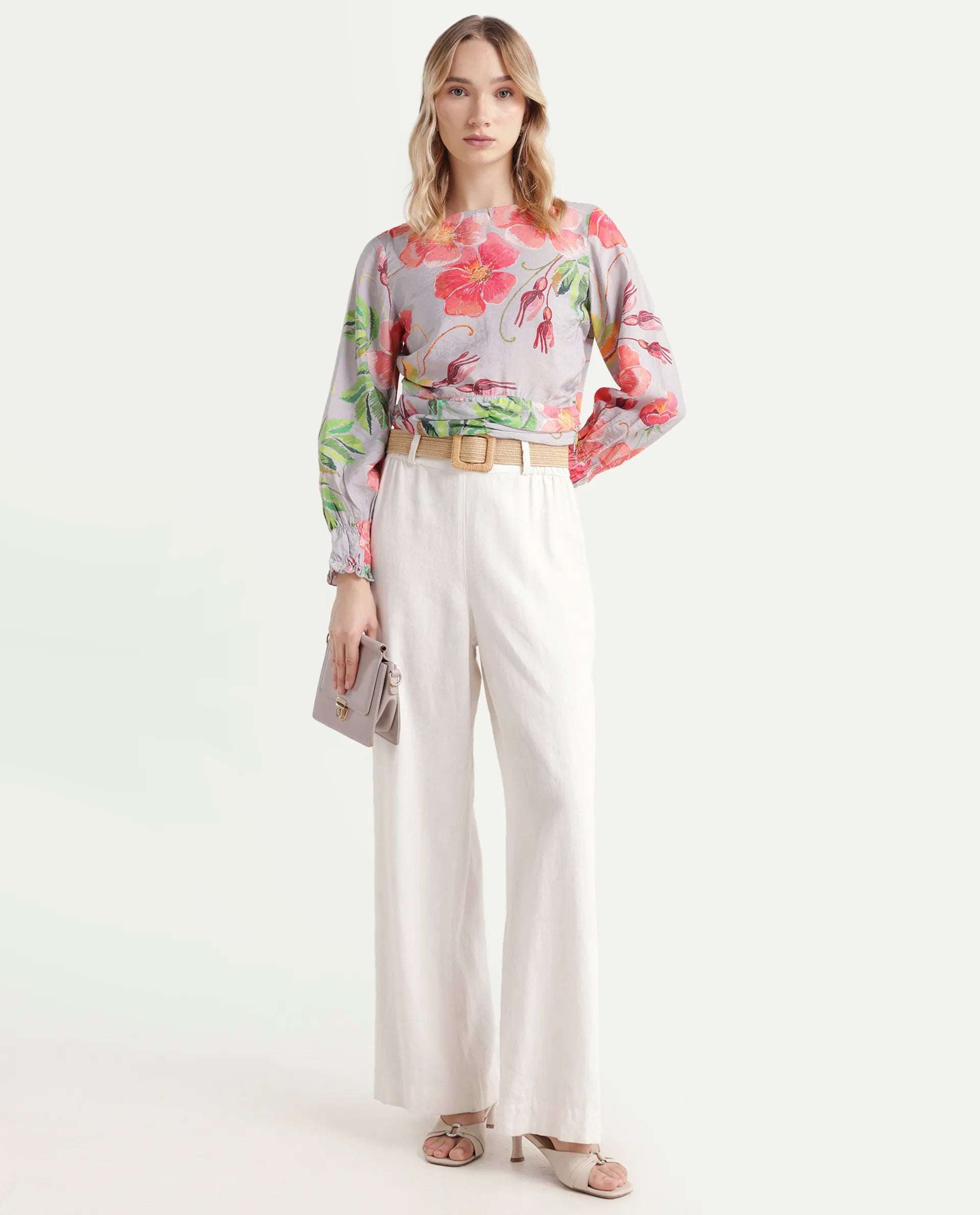 Rareism Women's Geona Multi Nylon Blend Crew Neck Floral Print Crop Regular Fit Top