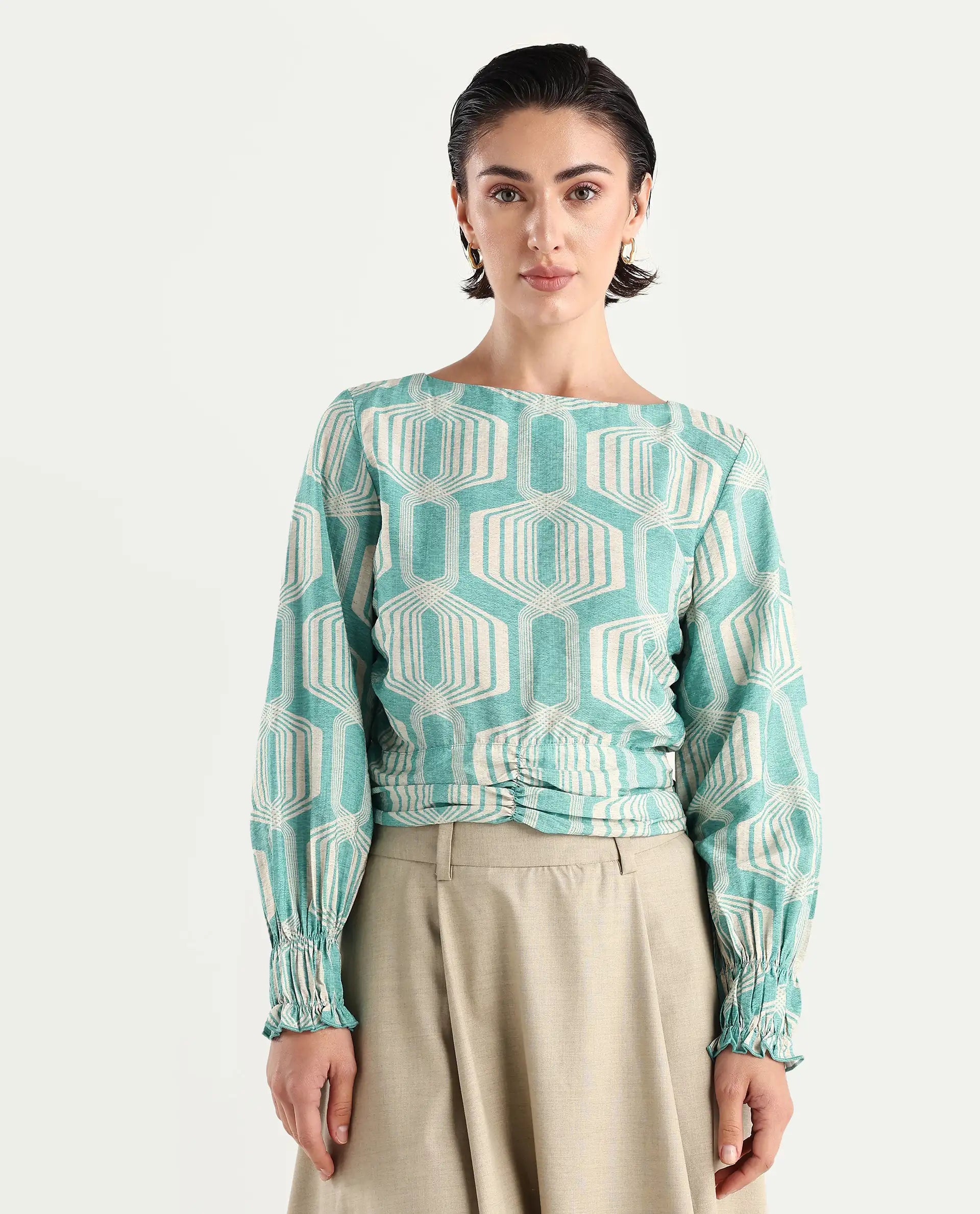 Rareism Women's Geonao Green Nylon Blend Crew Neck Geometric Print Bishop Sleeve Crop Regular Fit Top