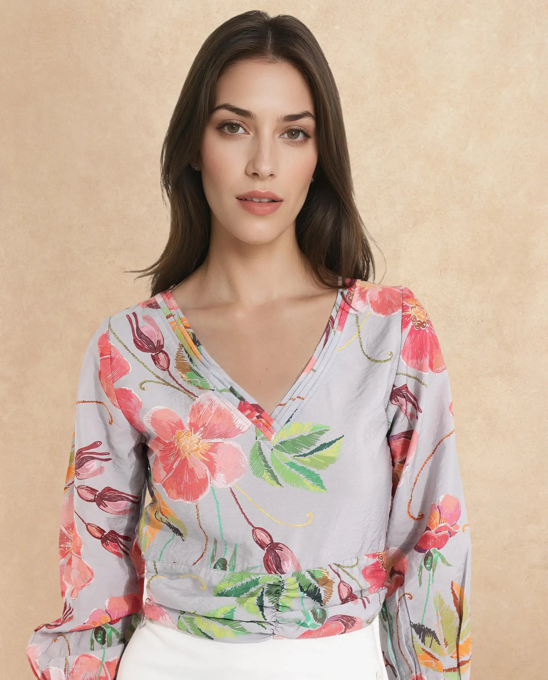 Rareism Women Geona Multi Full Sleeve Crew Neck Zipper Closure Floral Print Cropped Top