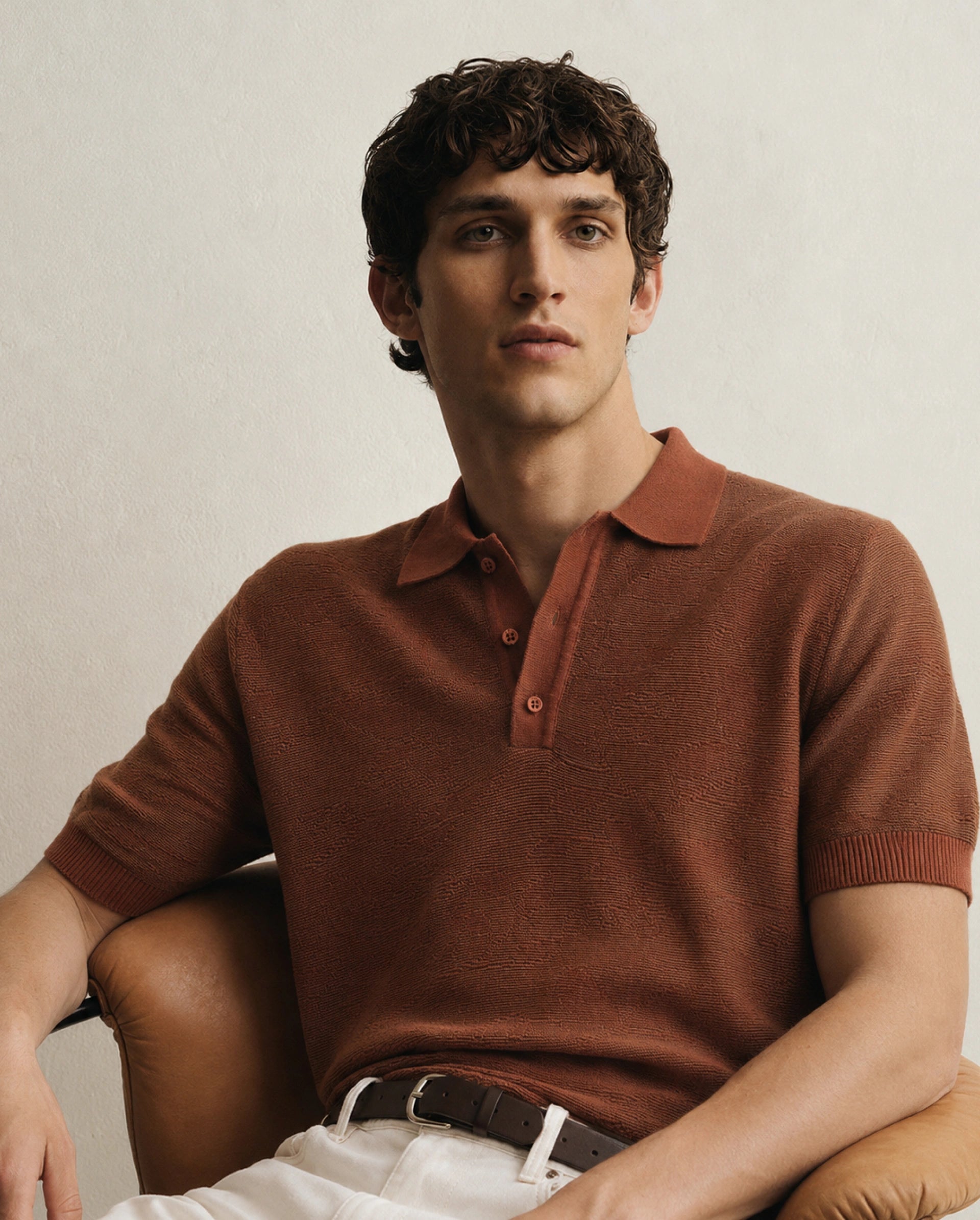 Rare Rabbit Men's Gera Rust Cotton Spread Collar Button Regular Fit Jacquard Print Polo