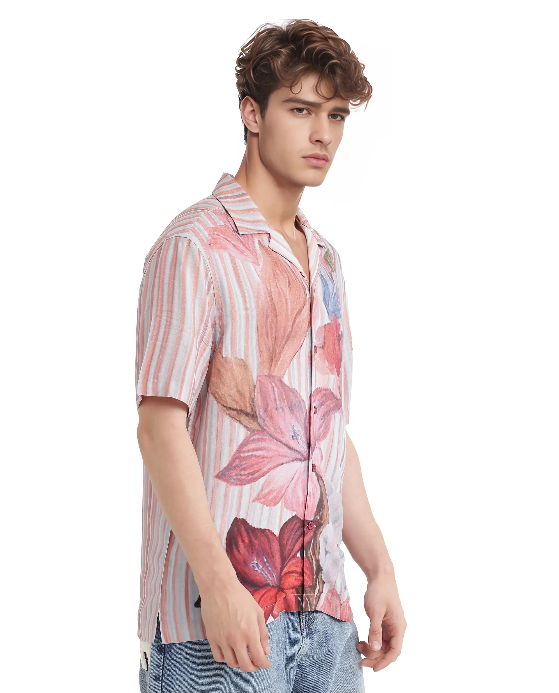 Rare Rabbit Men Gero Dusky Pink Viscose Fabric Half Sleeve Collared Neck Button Closure Regular Fit Printed Shirt