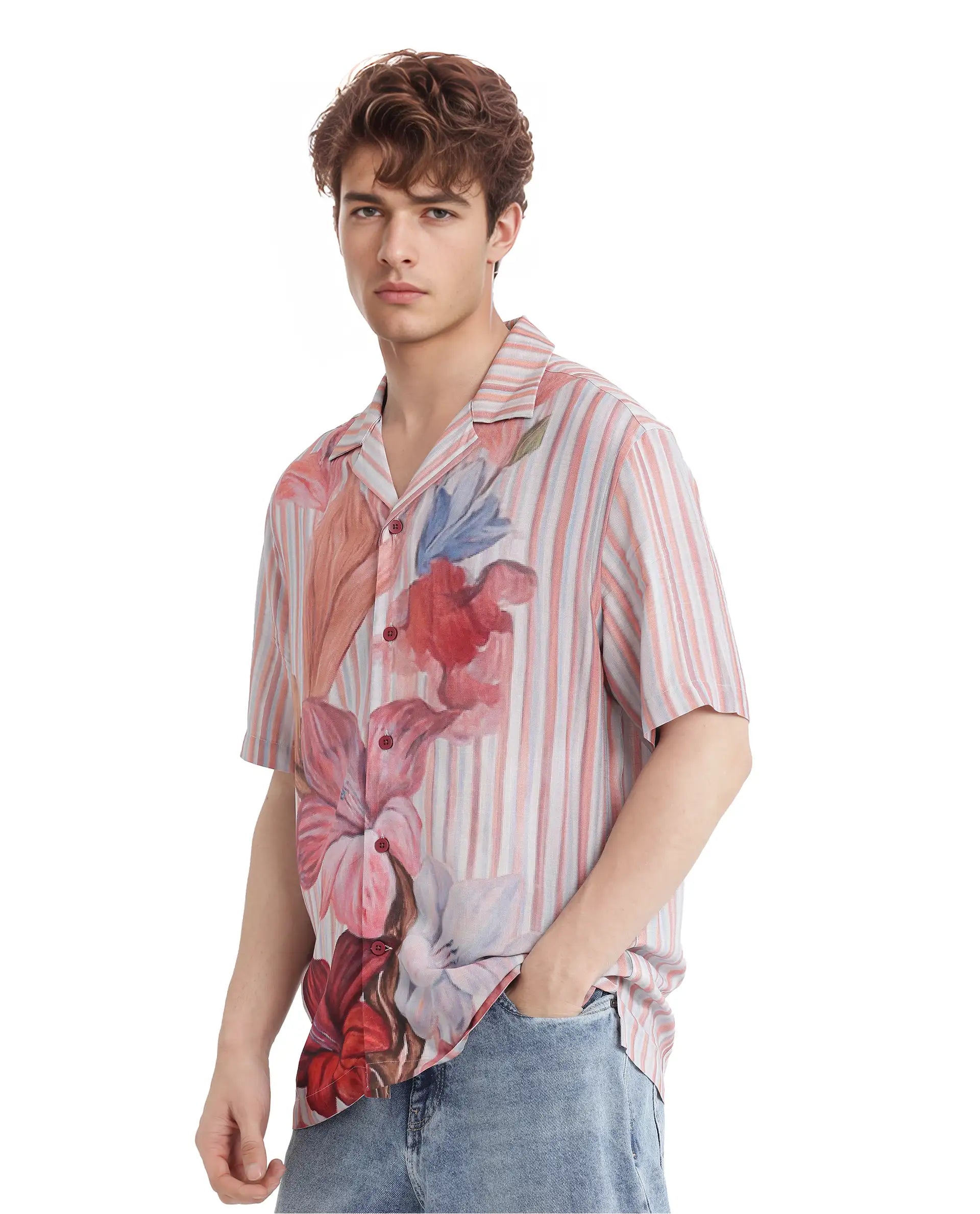 Rare Rabbit Men Gero Dusky Pink Viscose Fabric Half Sleeve Collared Neck Button Closure Regular Fit Printed Shirt