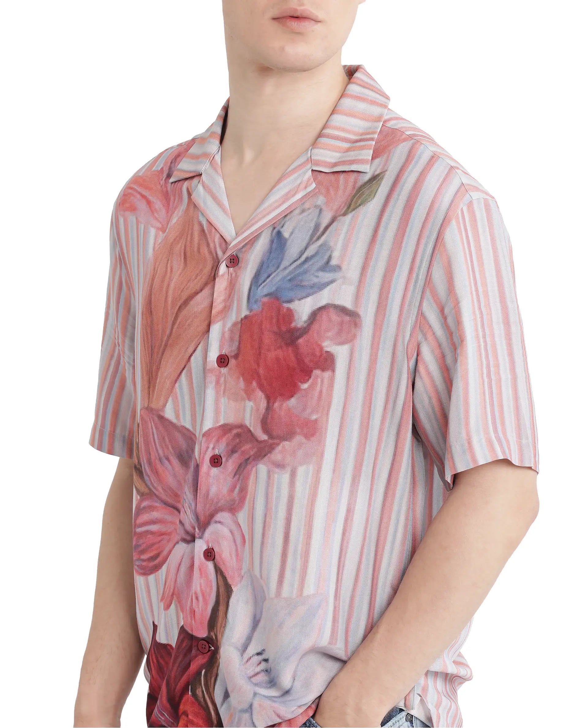 Rare Rabbit Men Gero Dusky Pink Viscose Fabric Half Sleeve Collared Neck Button Closure Regular Fit Printed Shirt