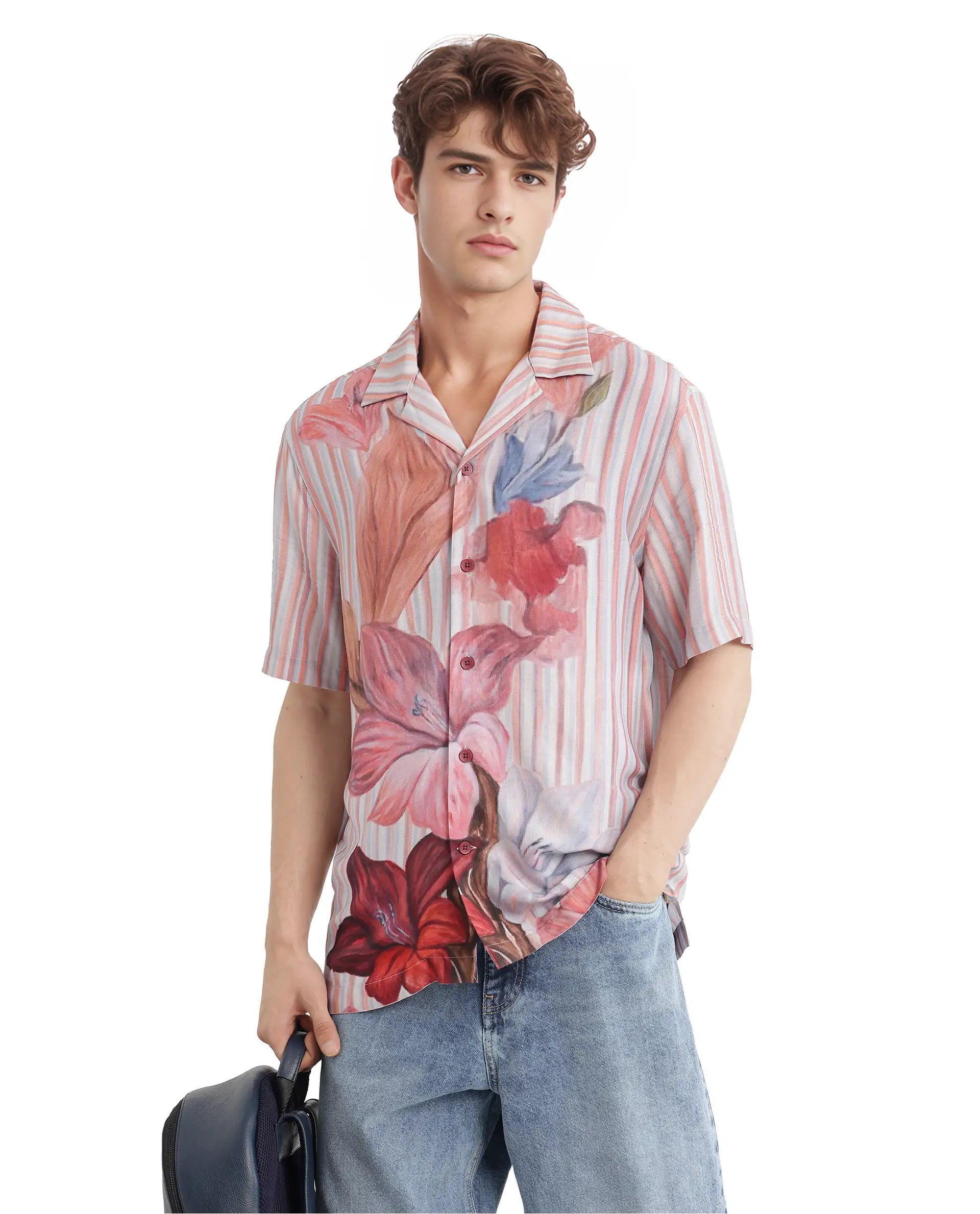 Rare Rabbit Men Gero Dusky Pink Viscose Fabric Half Sleeve Collared Neck Button Closure Regular Fit Printed Shirt