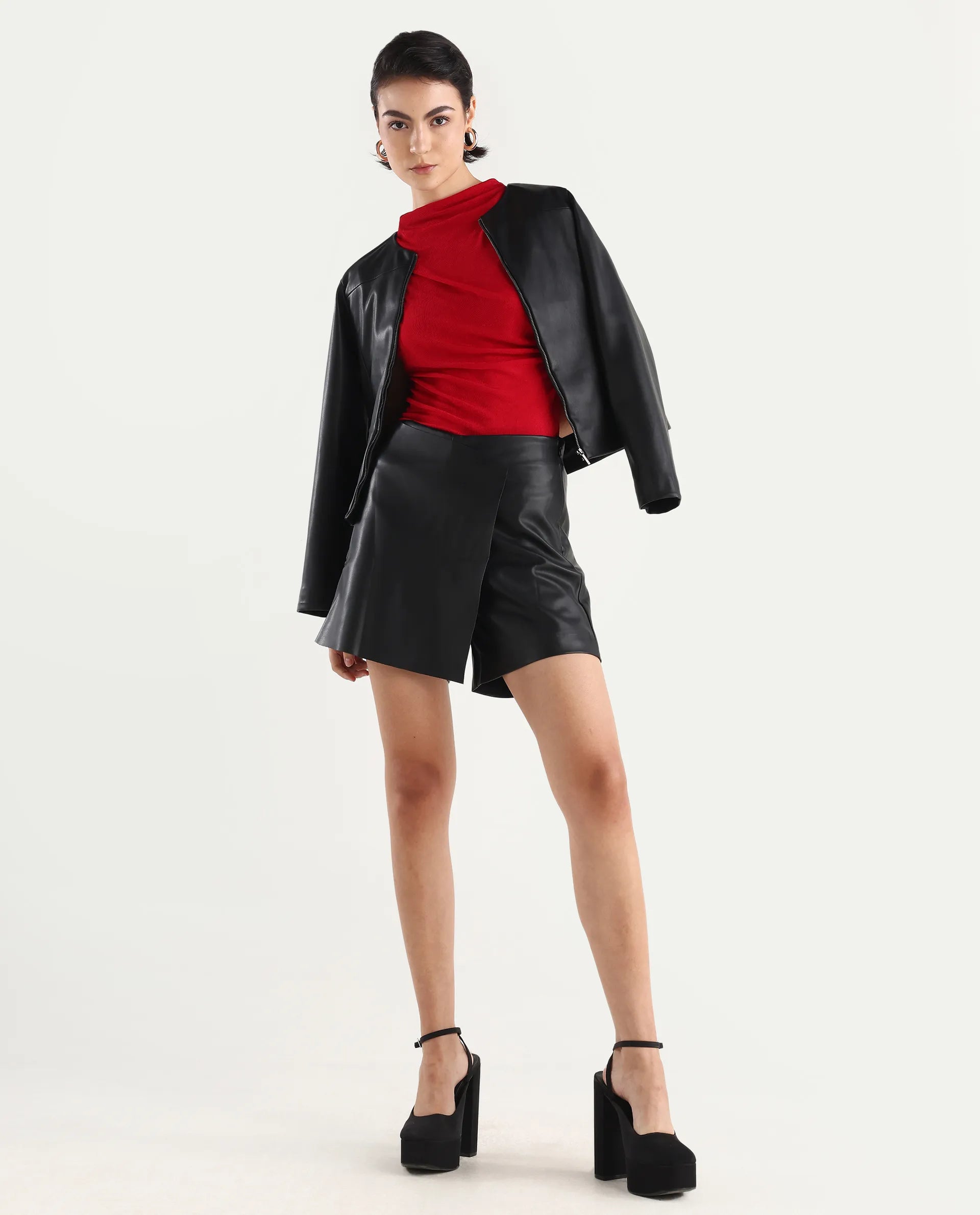 Rareism Women's Gerro Black Polyester Plain Mini Regular Fit Skirt