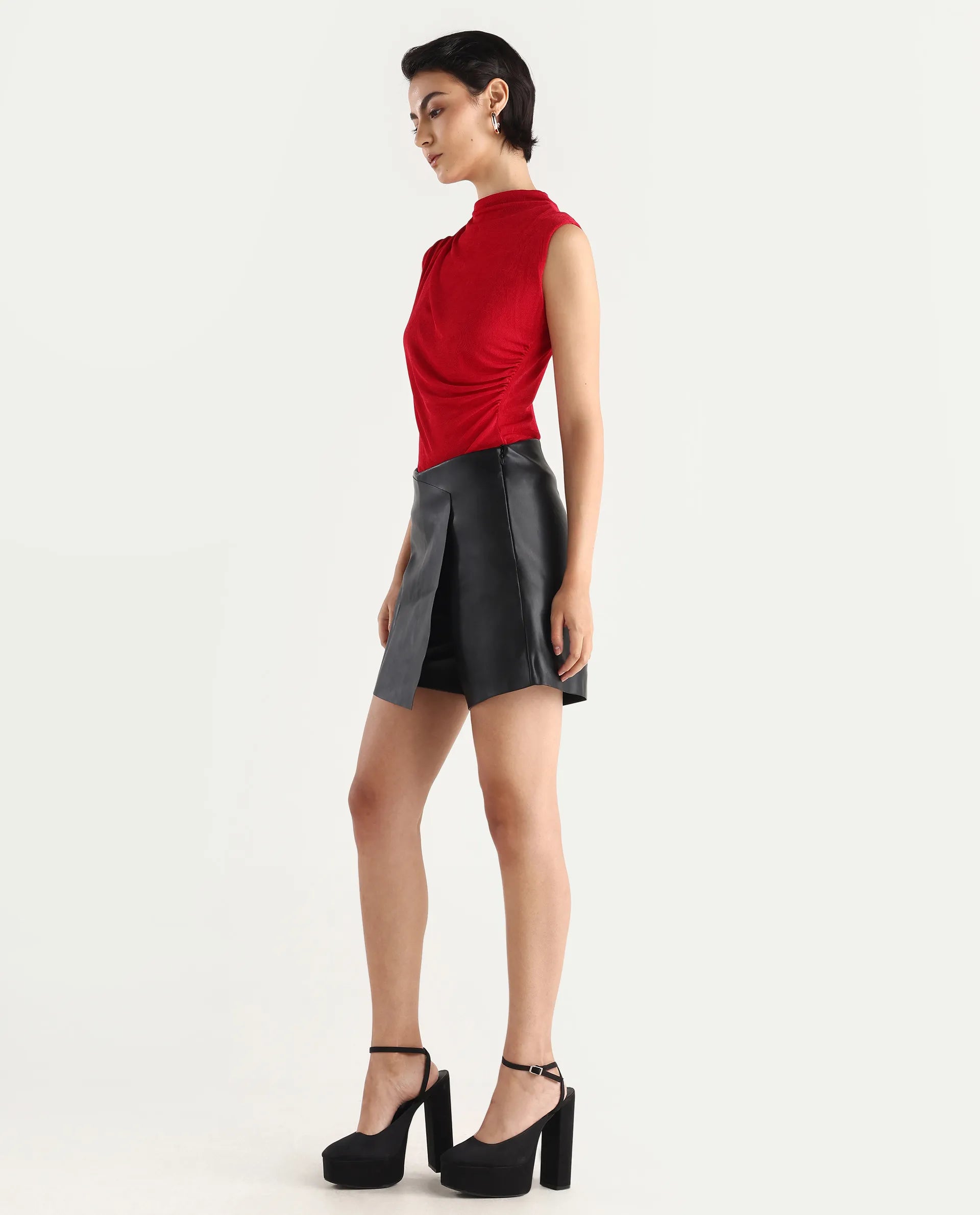 Rareism Women's Gerro Black Polyester Plain Mini Regular Fit Skirt