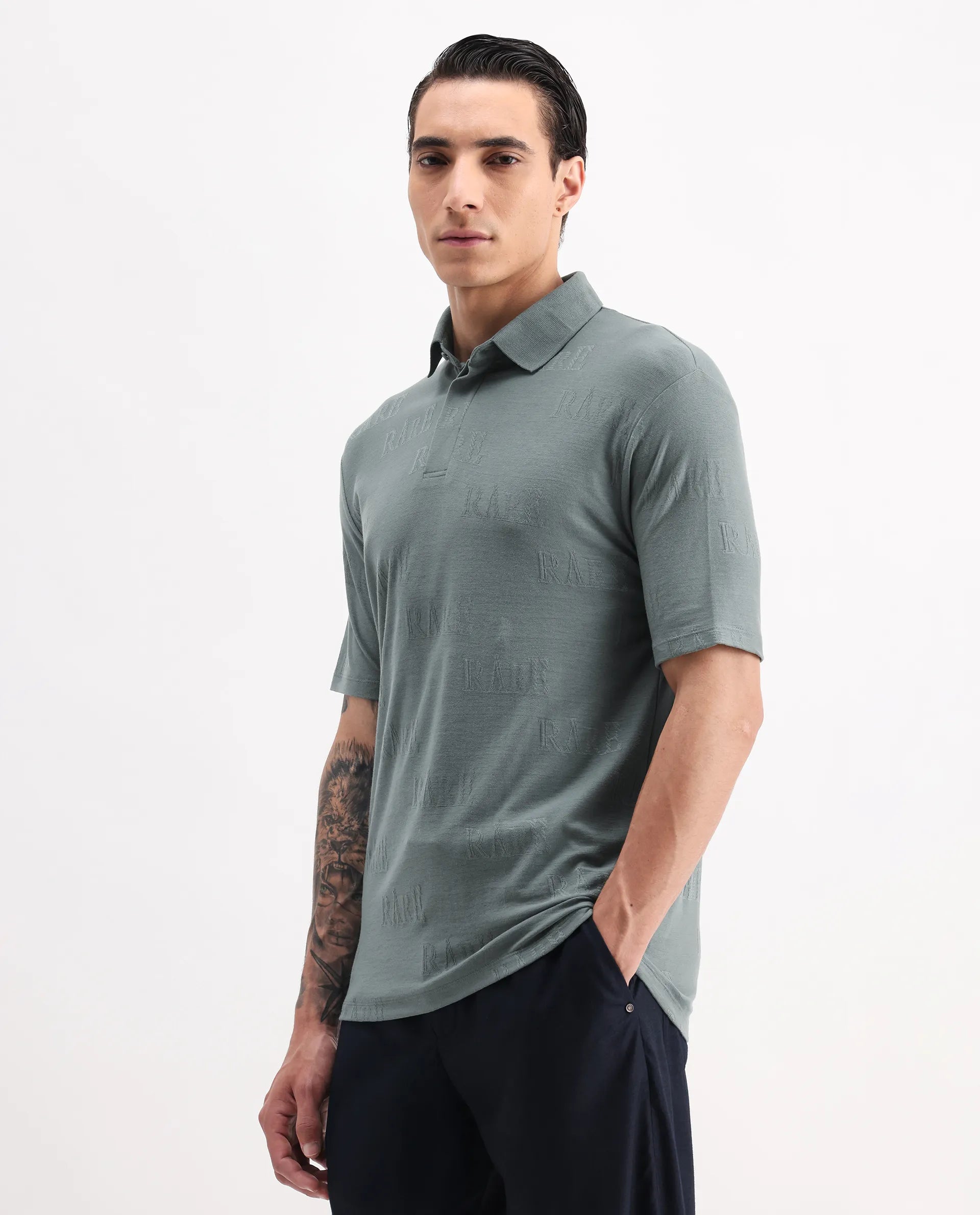 Rare Rabbit Men's Gesset 2 Green Cotton Blend Jacquard Regular Fit Half Sleeve Polo