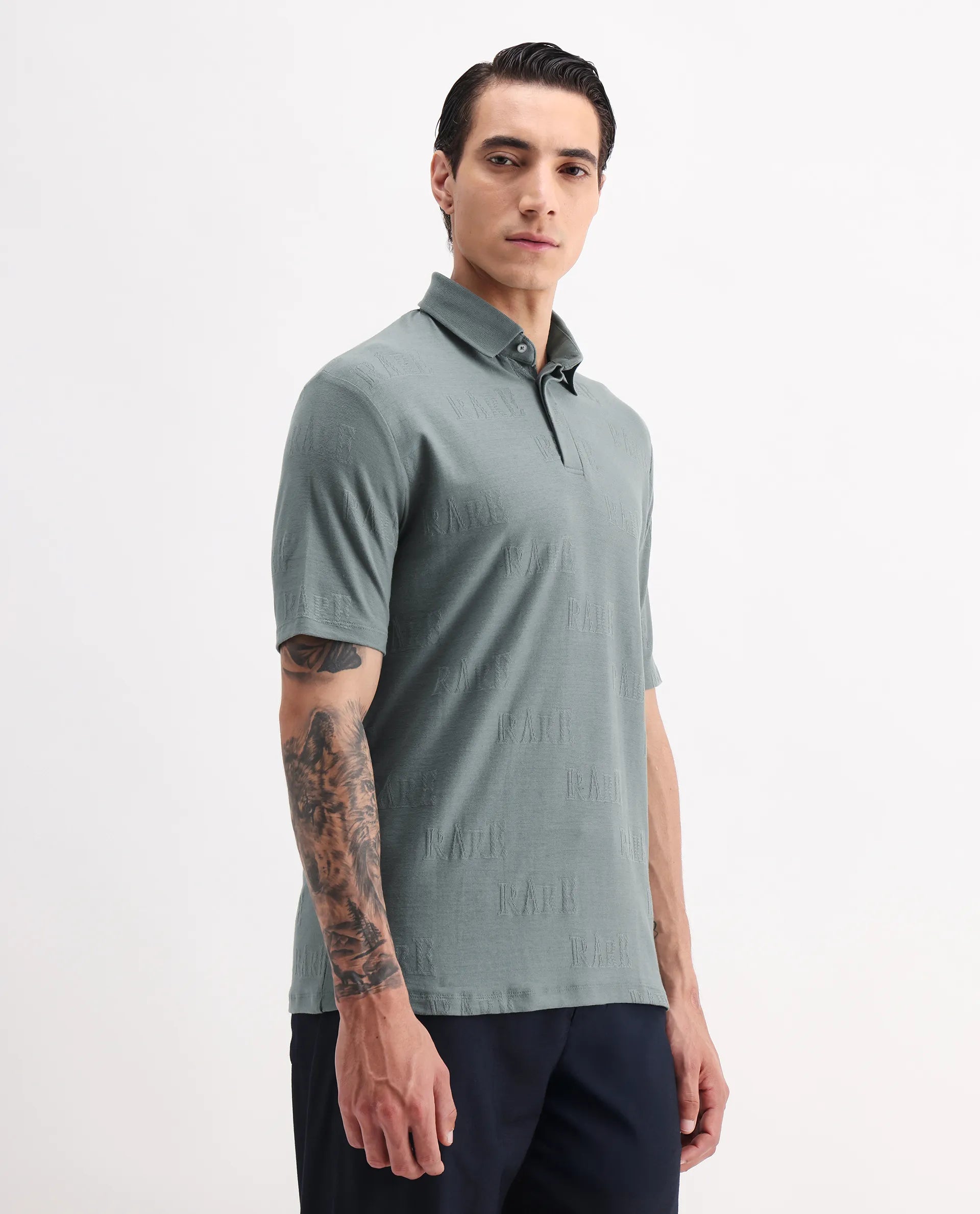 Rare Rabbit Men's Gesset 2 Green Cotton Blend Jacquard Regular Fit Half Sleeve Polo