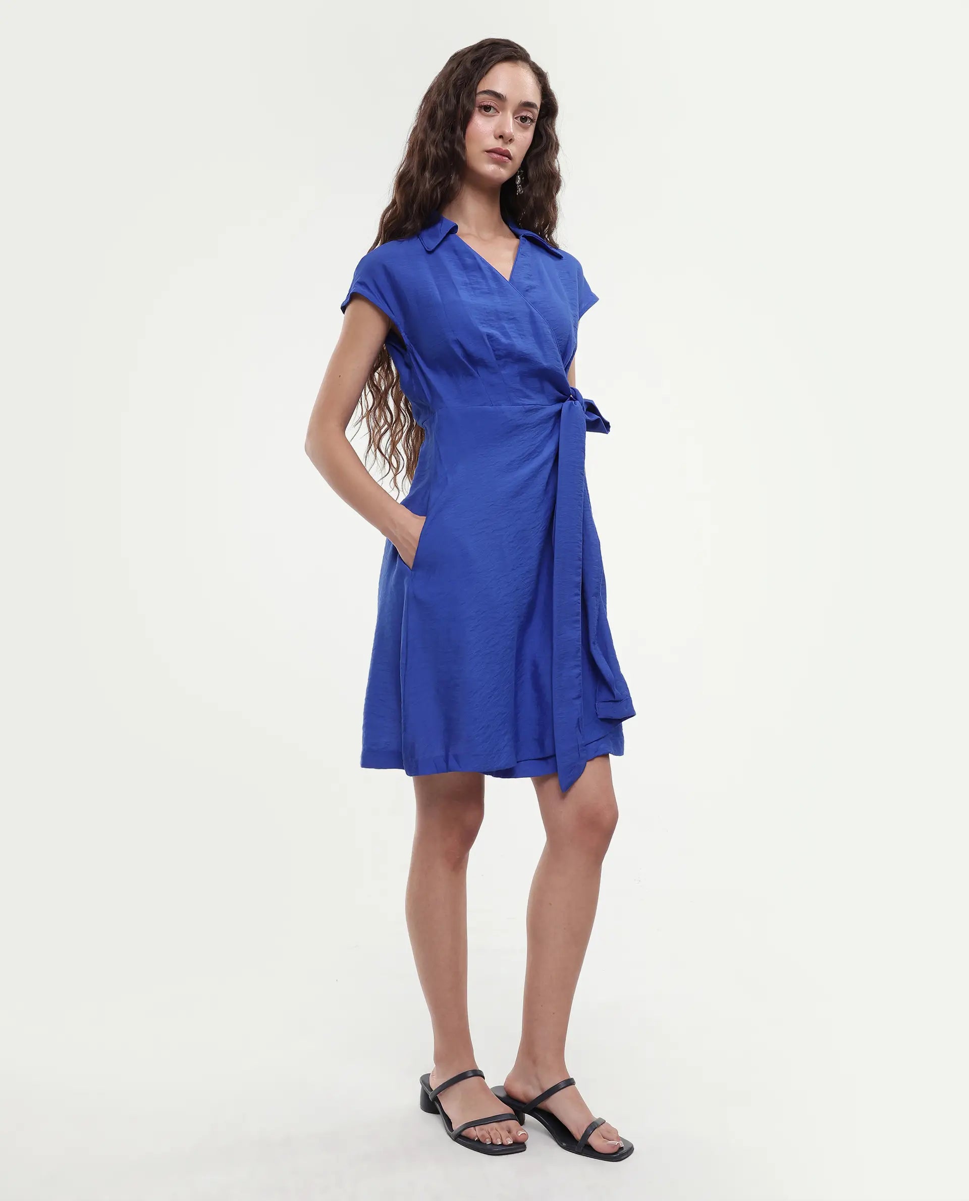 Rareism Women's Gesto Blue Viscose Blend Drop Collar Plain Extended Sleeves Mini Regular Fit Dress