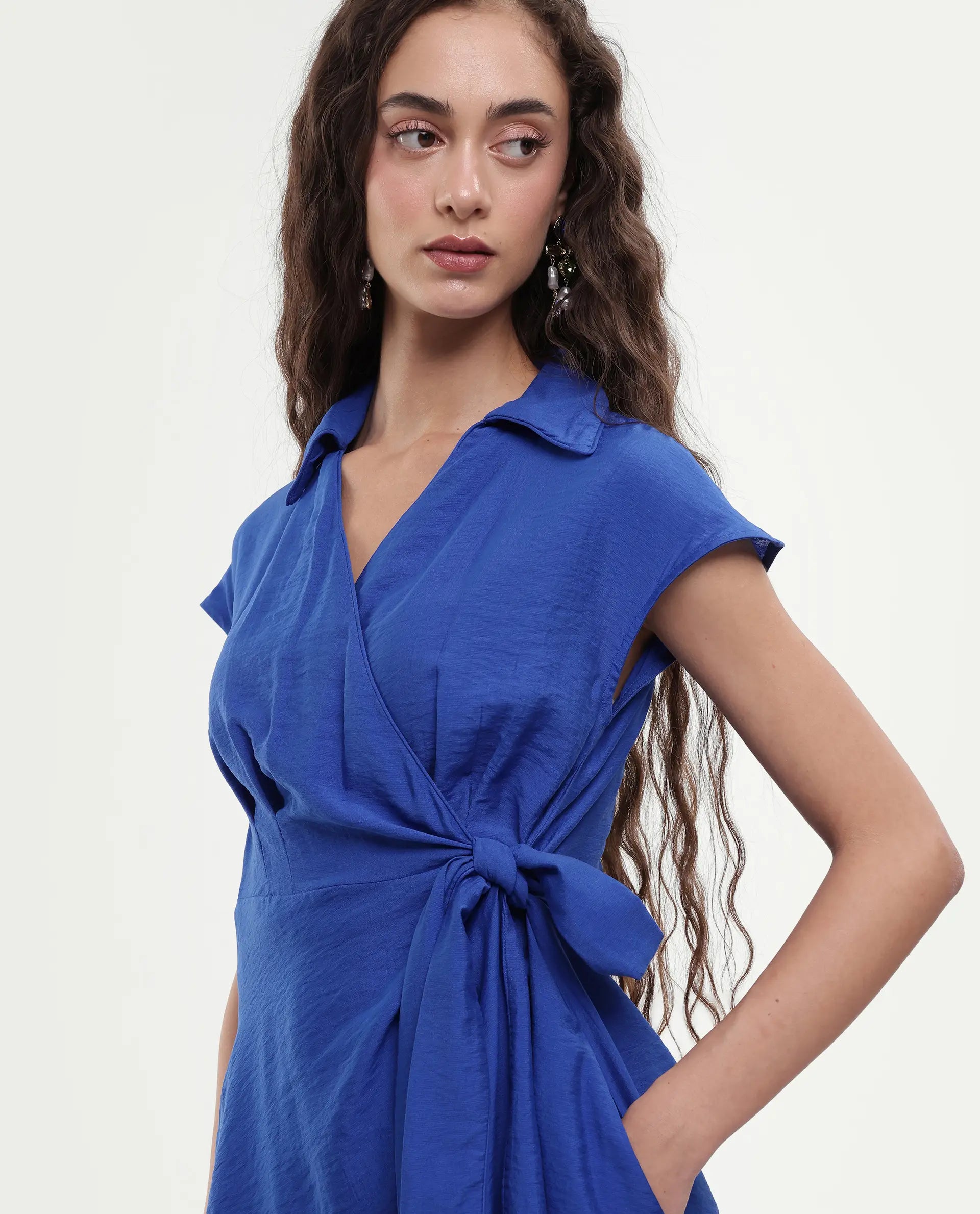 Rareism Women's Gesto Blue Viscose Blend Drop Collar Plain Extended Sleeves Mini Regular Fit Dress