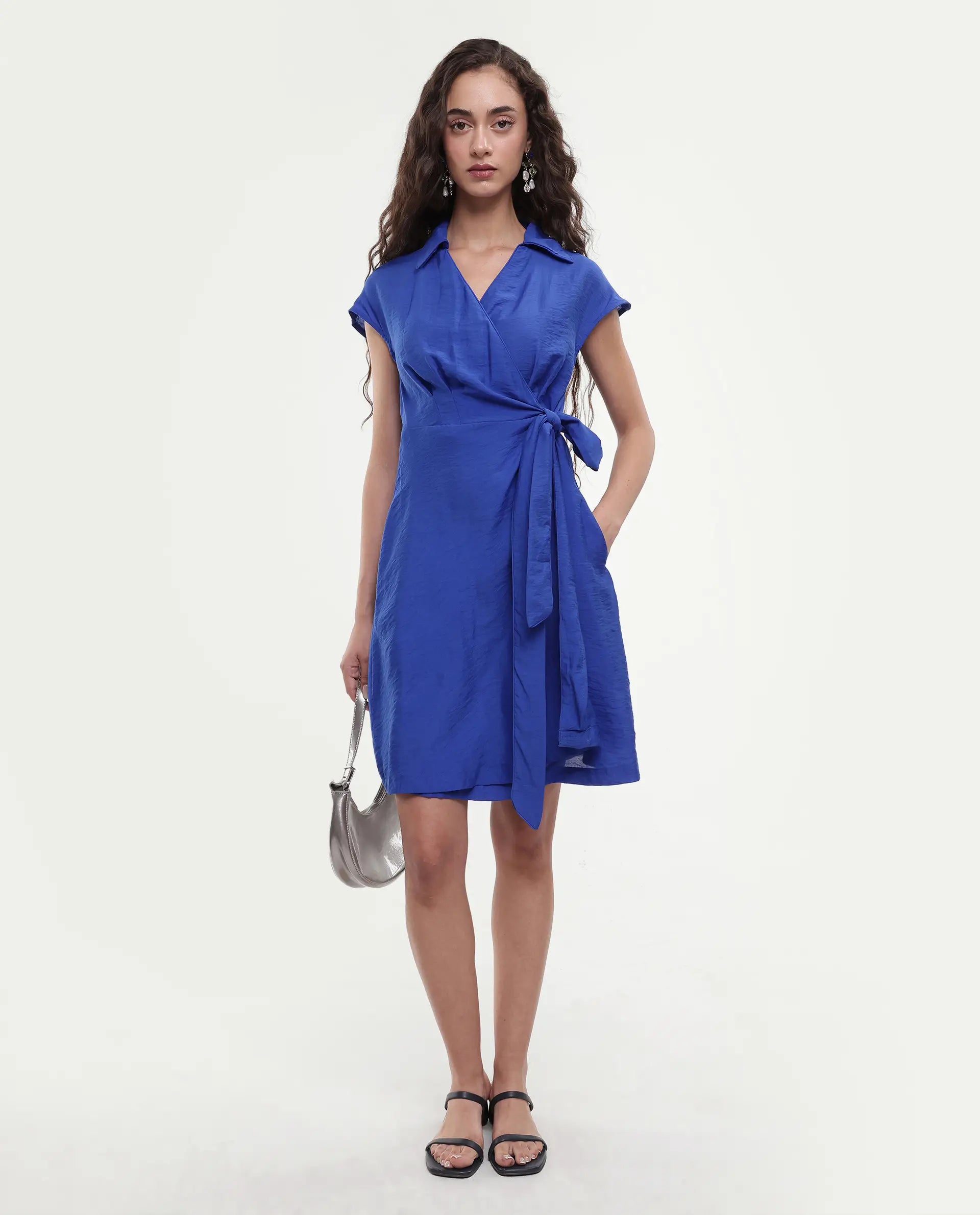 Rareism Women's Gesto Blue Viscose Blend Drop Collar Plain Extended Sleeves Mini Regular Fit Dress