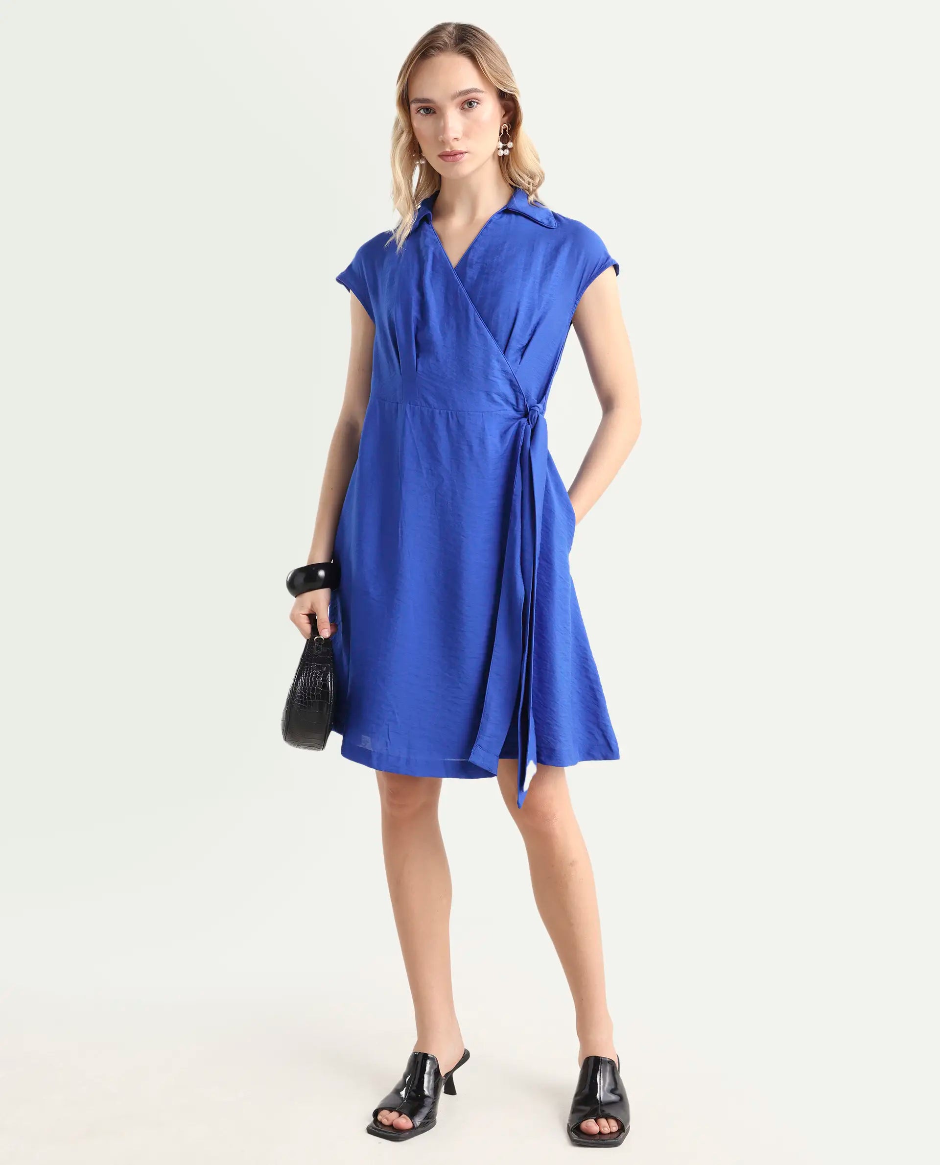 Rareism Women's Gesto Blue Viscose Blend Drop Collar Plain Extended Sleeves Mini Regular Fit Dress