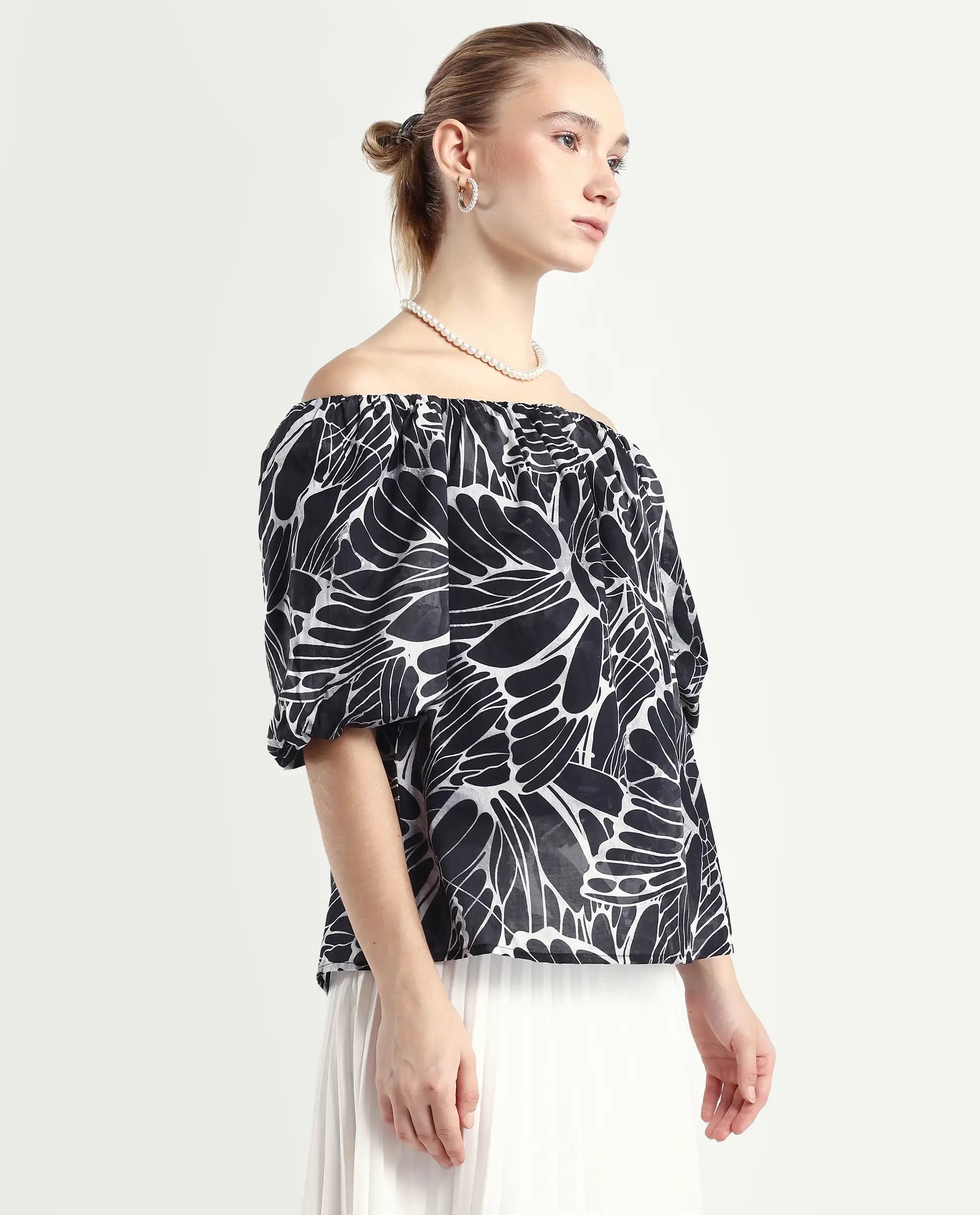 Rareism Women's Getan Black Viscose Blend Square Neck Abstract Print Balloon Sleeve Relaxed Fit Top