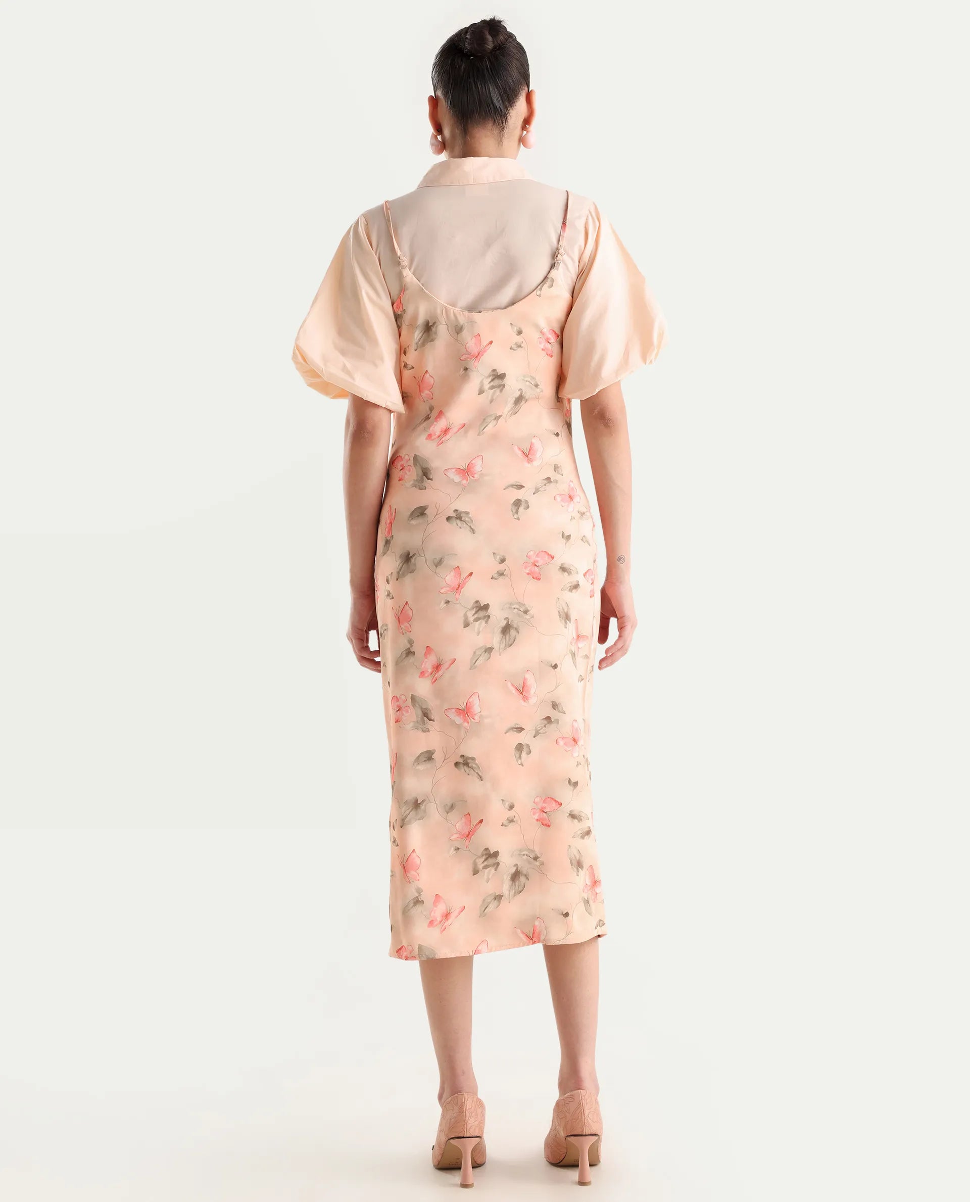 Rareism Women's Gha Beige Cotton Spread Collar Object Print Cuffed Sleeve Midi Straight Fit Dress