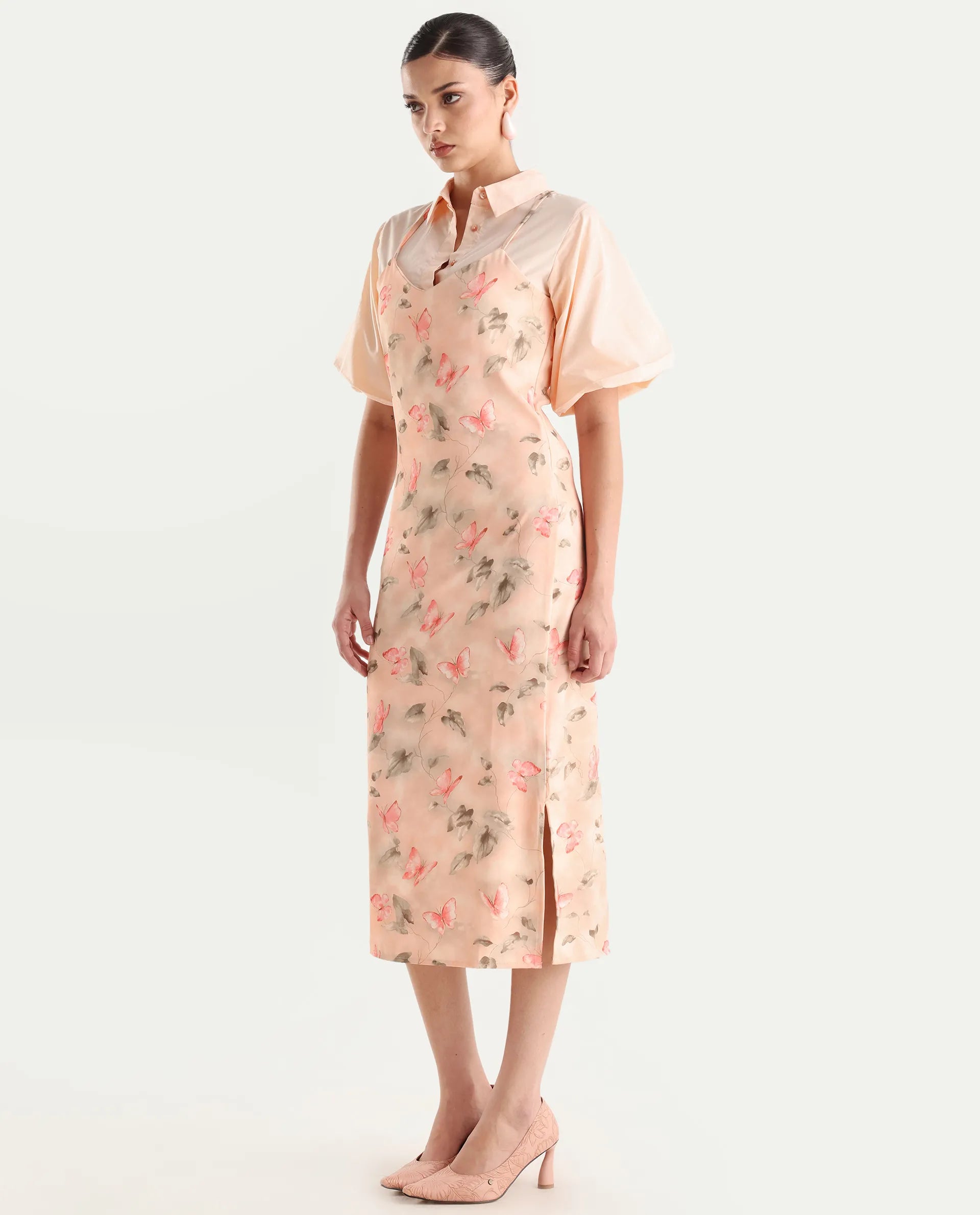 Rareism Women's Gha Beige Cotton Spread Collar Object Print Cuffed Sleeve Midi Straight Fit Dress