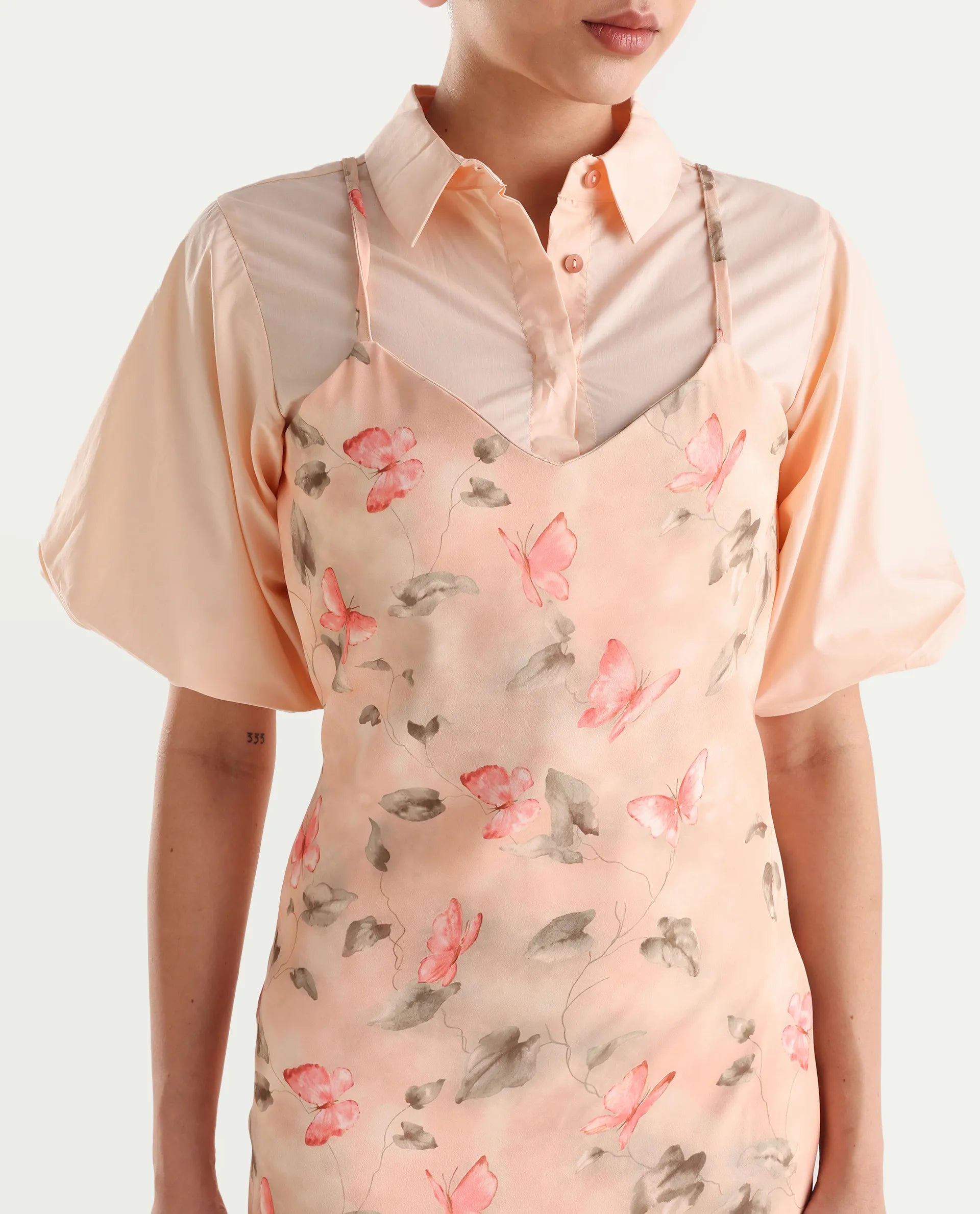 Rareism Women's Gha Beige Cotton Spread Collar Object Print Cuffed Sleeve Midi Straight Fit Dress