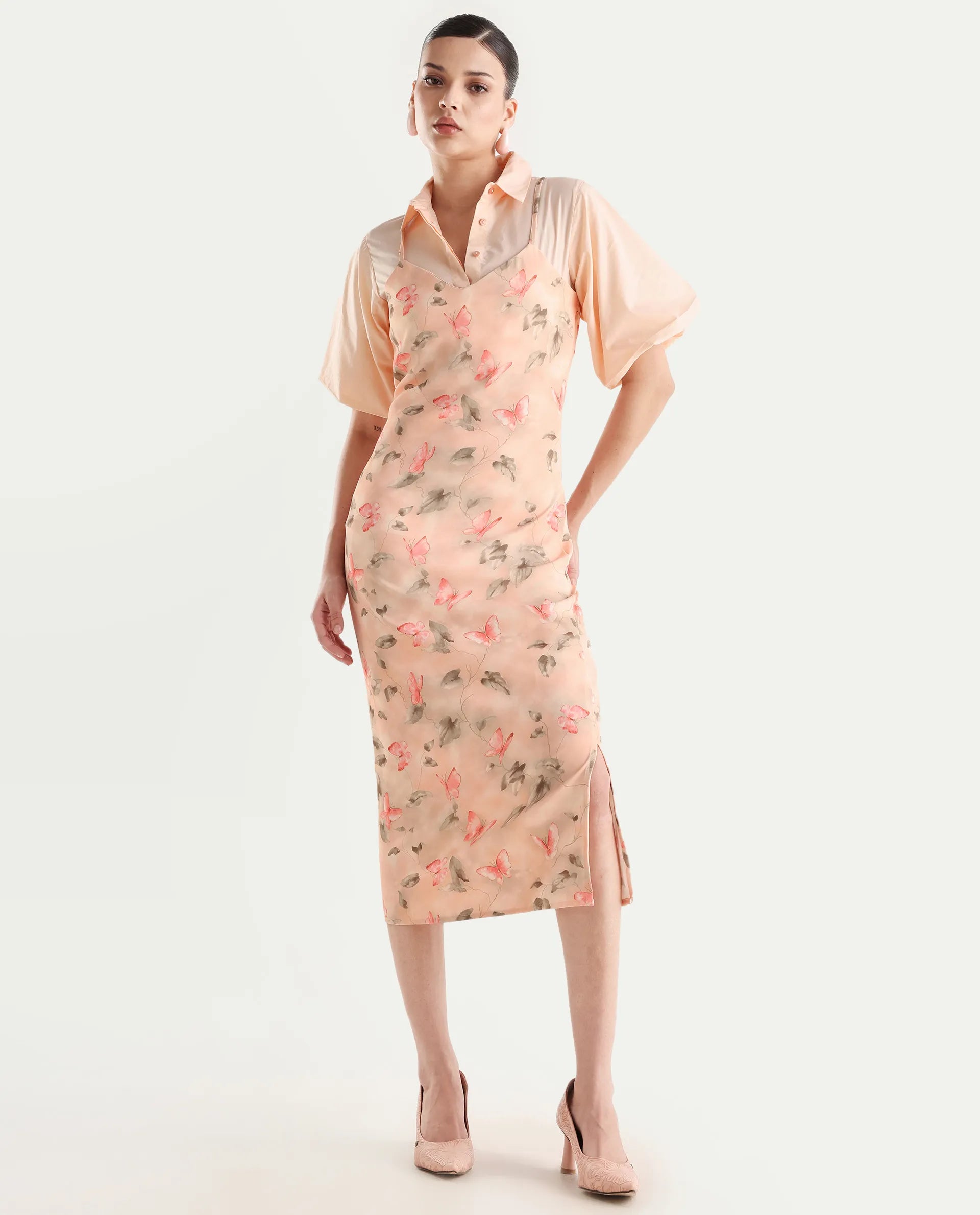 Rareism Women's Gha Beige Cotton Spread Collar Object Print Cuffed Sleeve Midi Straight Fit Dress