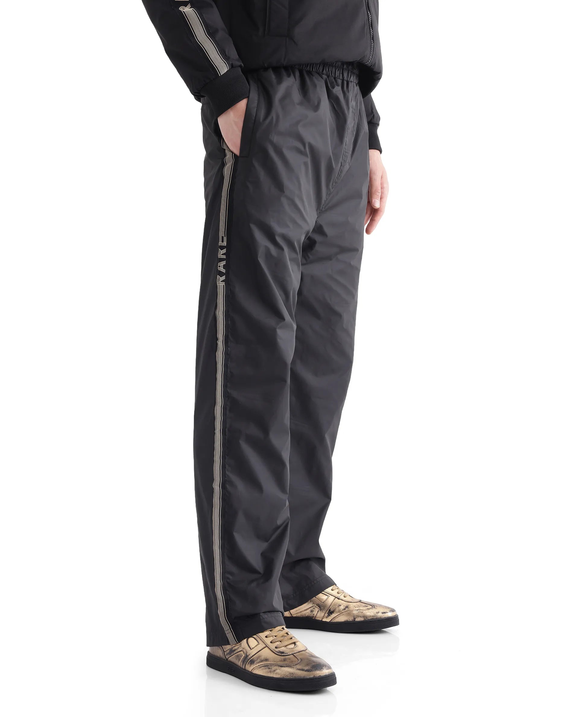 Rare Rabbit Men Ghana-B Black Polyester Fabric Elasticated Waistband Tape Detail Track Pant