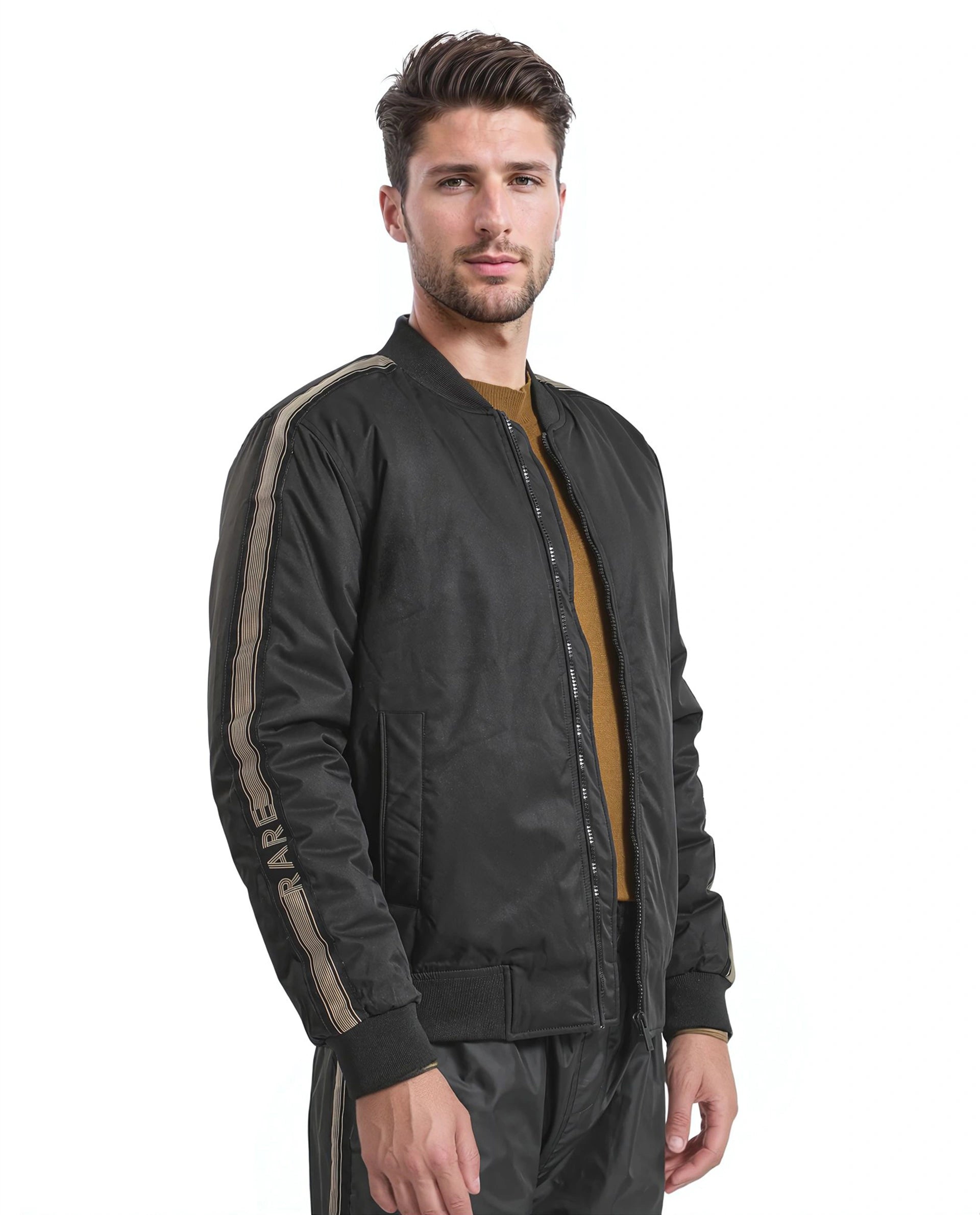 Rare Rabbit Men Ghana Black Polyester Fabric Full Sleeve Ribbed Collar and Cuff Zipper Closure Tape Detailed Plain Jacket