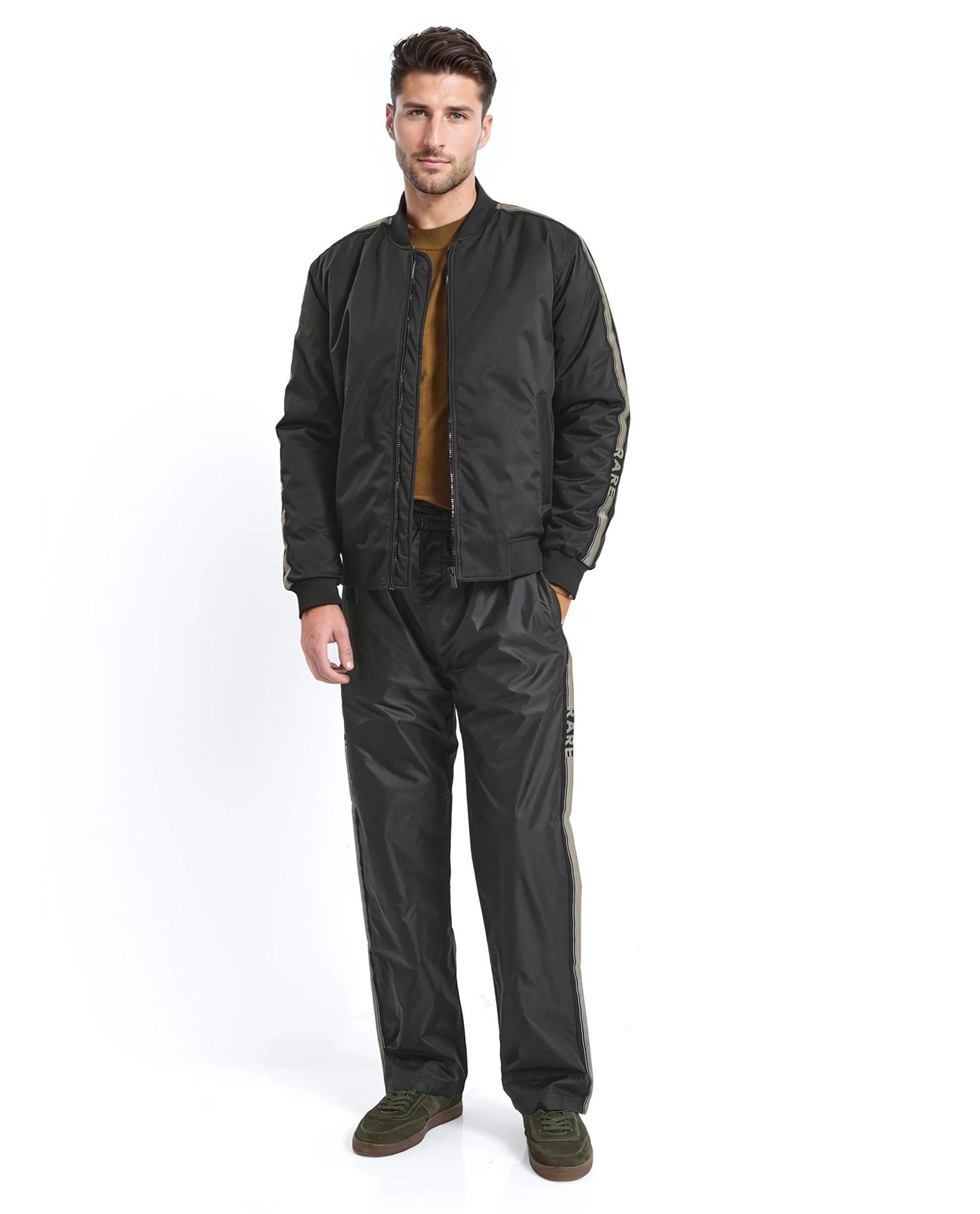 Rare Rabbit Men Ghana Black Polyester Fabric Full Sleeve Ribbed Collar and Cuff Zipper Closure Tape Detailed Plain Jacket