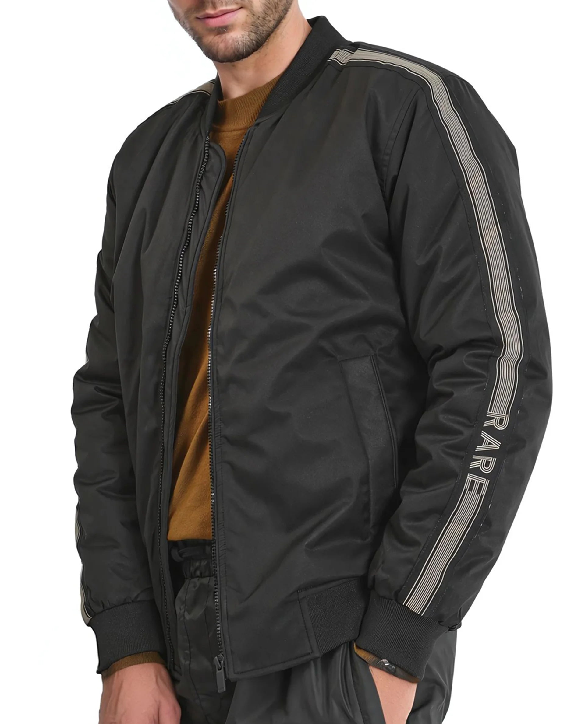 Rare Rabbit Men Ghana Black Polyester Fabric Full Sleeve Ribbed Collar and Cuff Zipper Closure Tape Detailed Plain Jacket