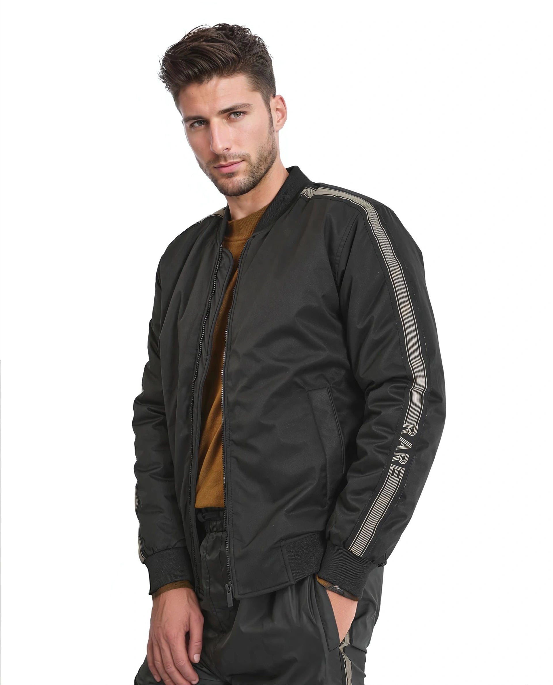 Rare Rabbit Men Ghana Black Polyester Fabric Full Sleeve Ribbed Collar and Cuff Zipper Closure Tape Detailed Plain Jacket