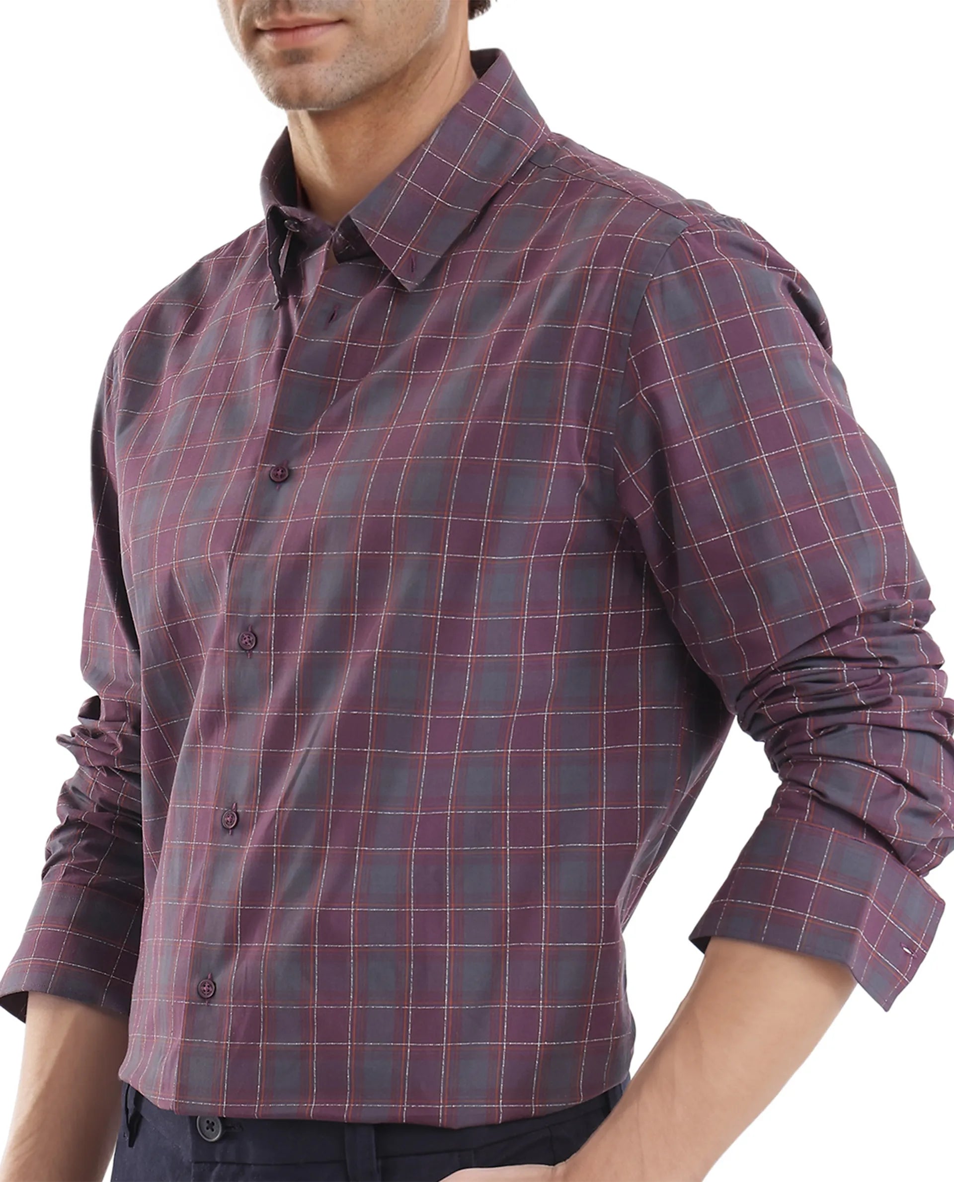 Rare Rabbit Men's Gibis Dark Purple Cotton Fabric Full Sleeve Regular Fit Checks Shirt