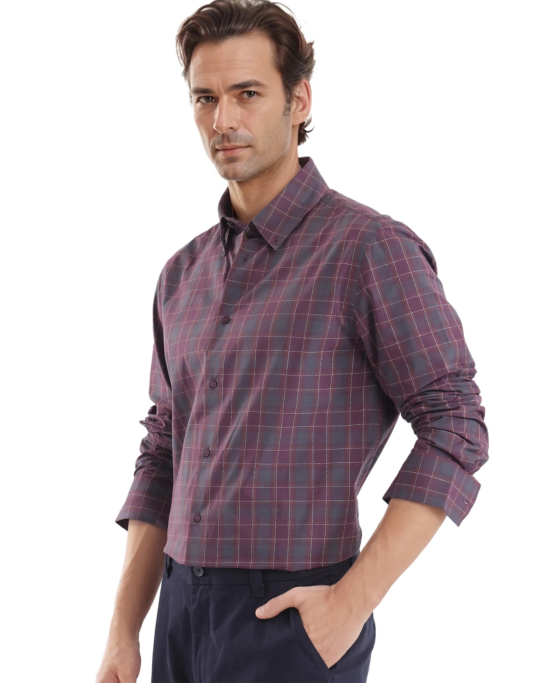 Rare Rabbit Men's Gibis Dark Purple Cotton Fabric Full Sleeve Regular Fit Checks Shirt