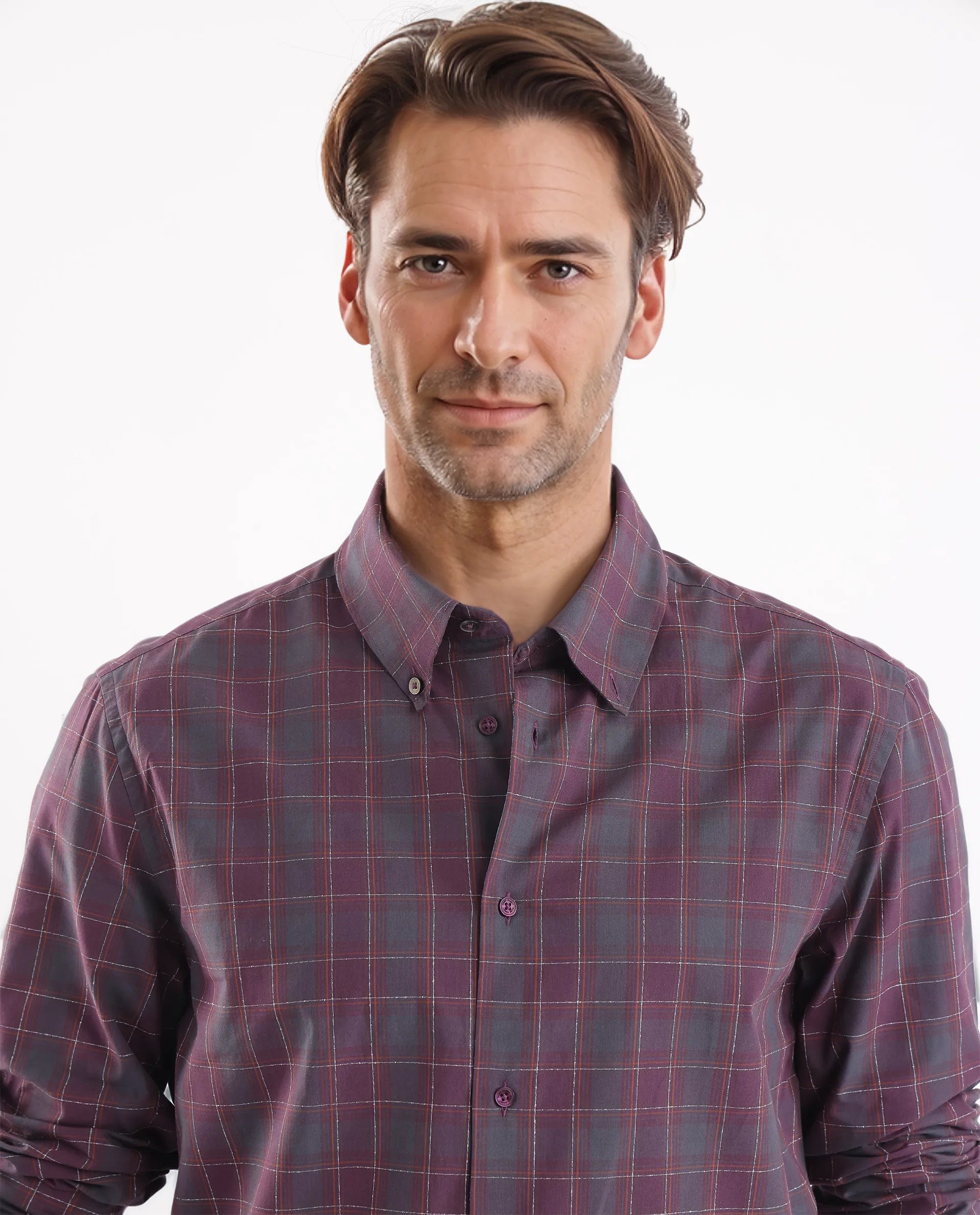 Rare Rabbit Men's Gibis Dark Purple Cotton Fabric Full Sleeve Regular Fit Checks Shirt