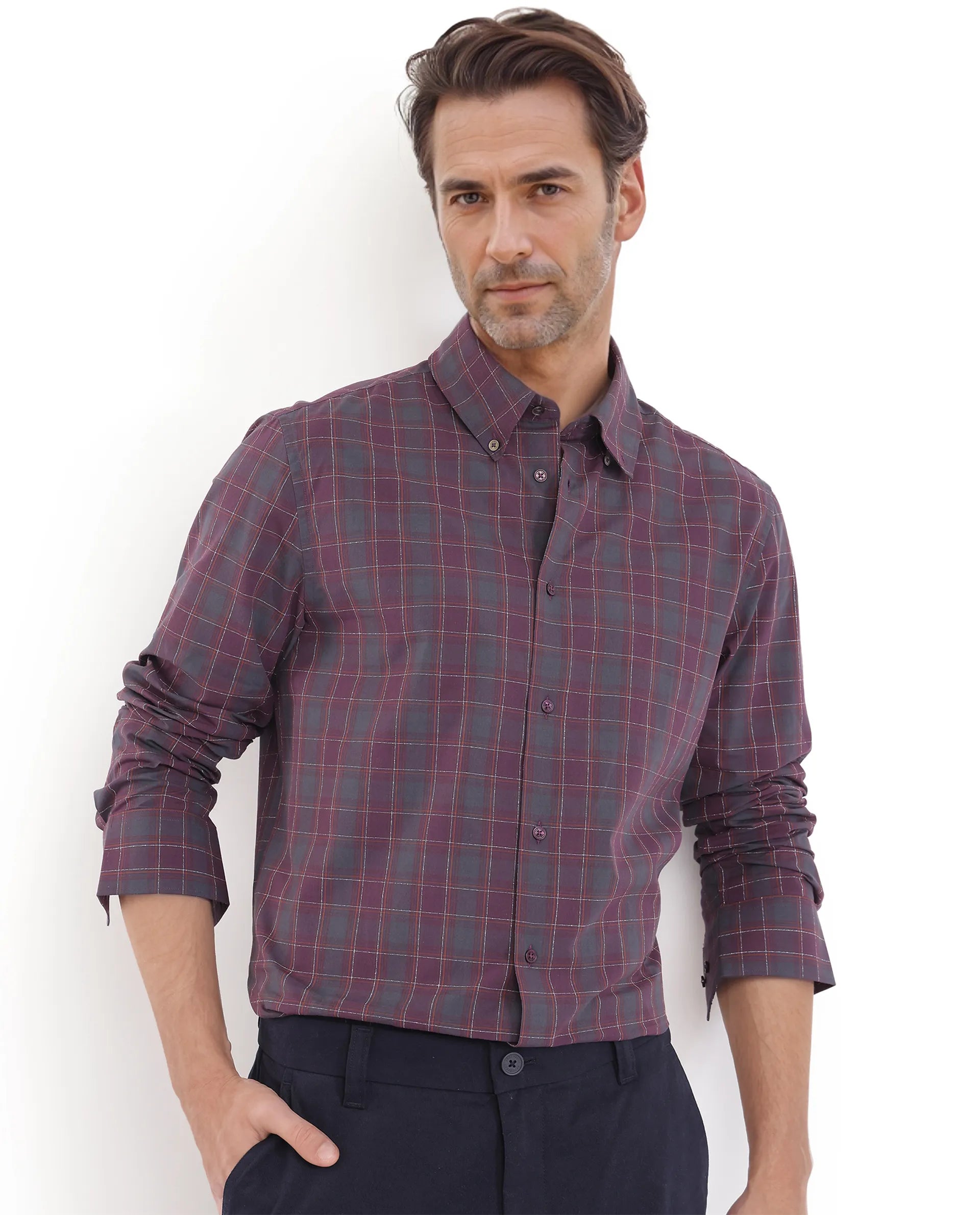 Rare Rabbit Men's Gibis Dark Purple Cotton Fabric Full Sleeve Regular Fit Checks Shirt