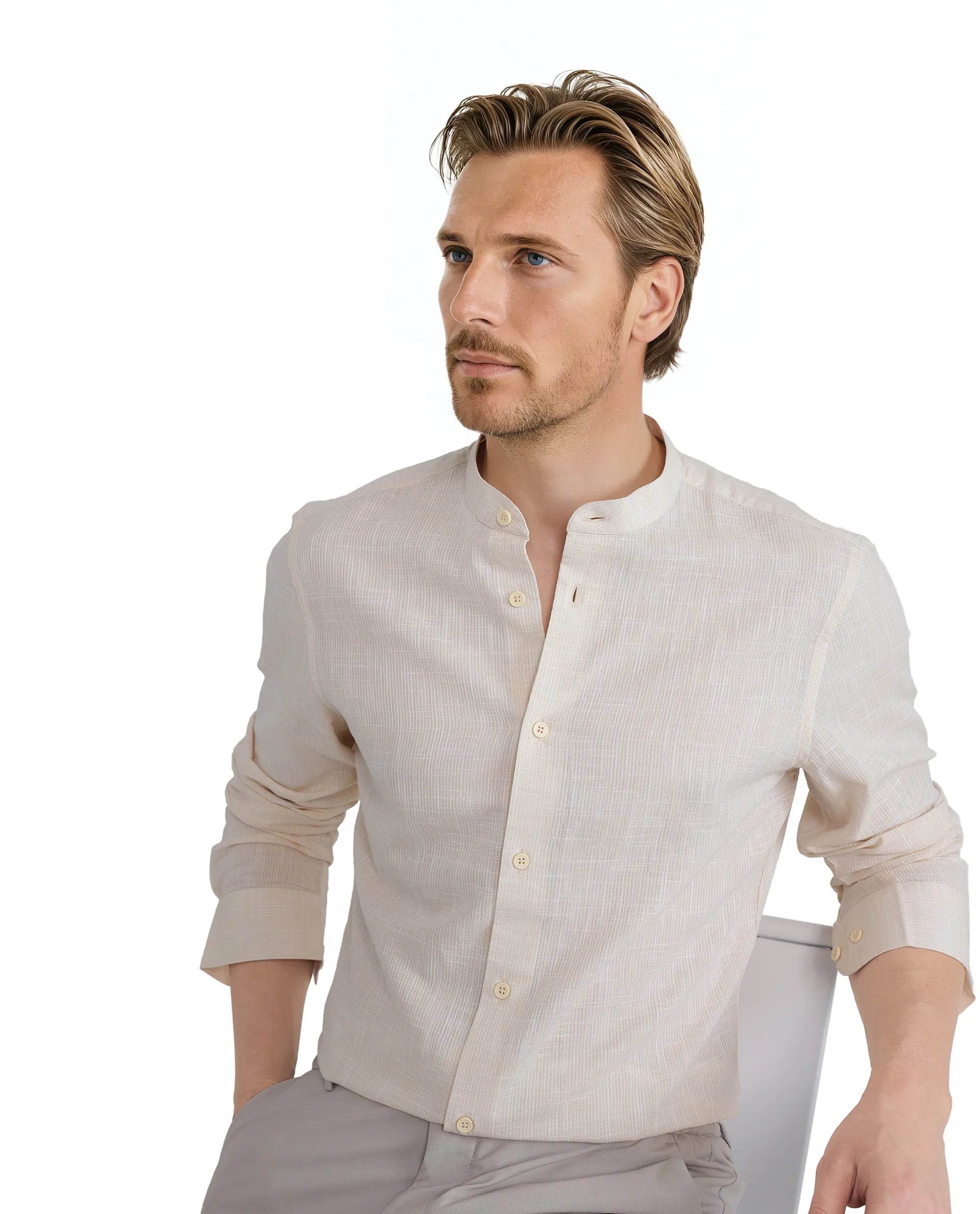 Rare Rabbit Men Gic Light Yellow Linen Full Sleeve Mandarin Collar Button Closure Plain Shirt