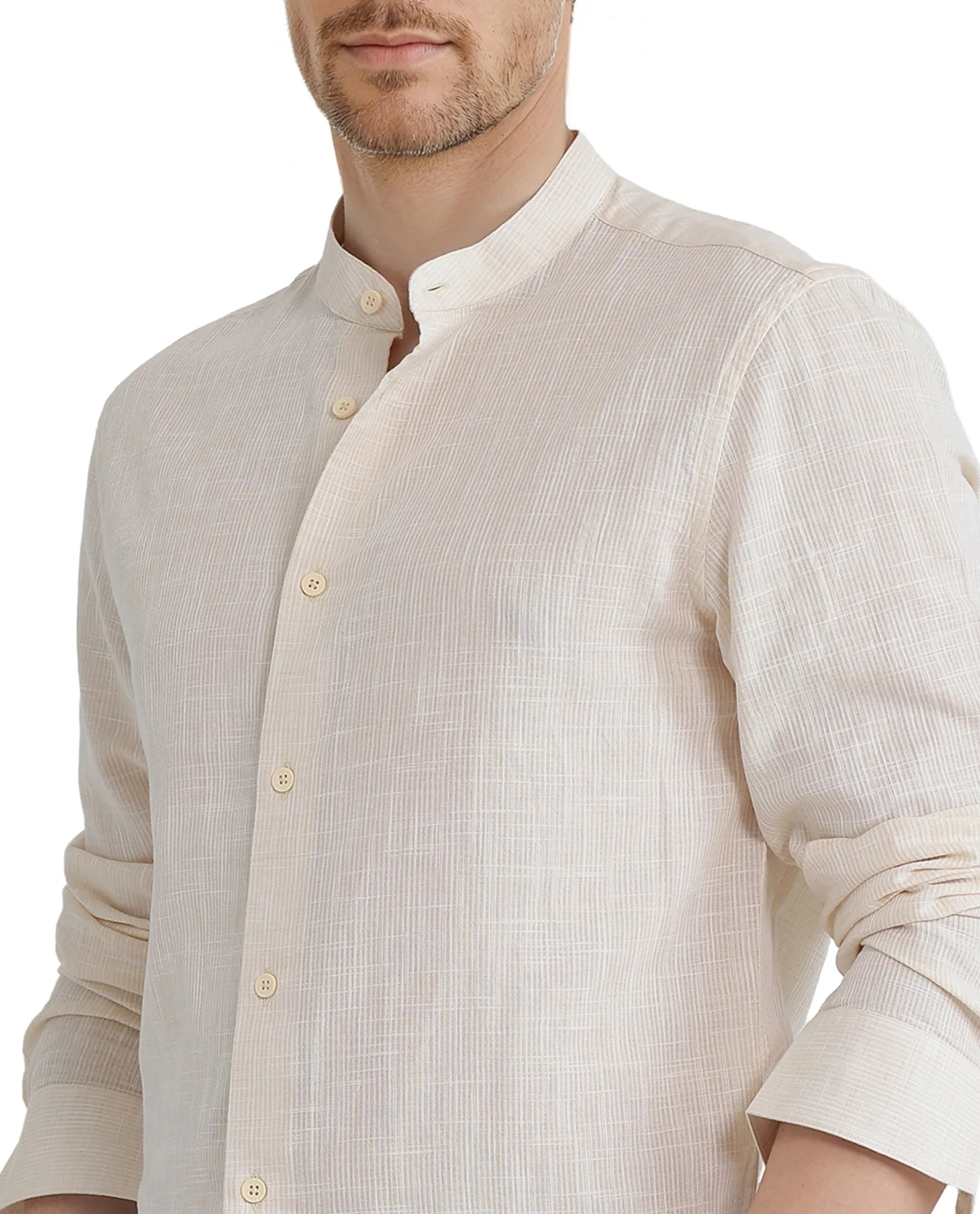 Rare Rabbit Men Gic Light Yellow Linen Full Sleeve Mandarin Collar Button Closure Plain Shirt