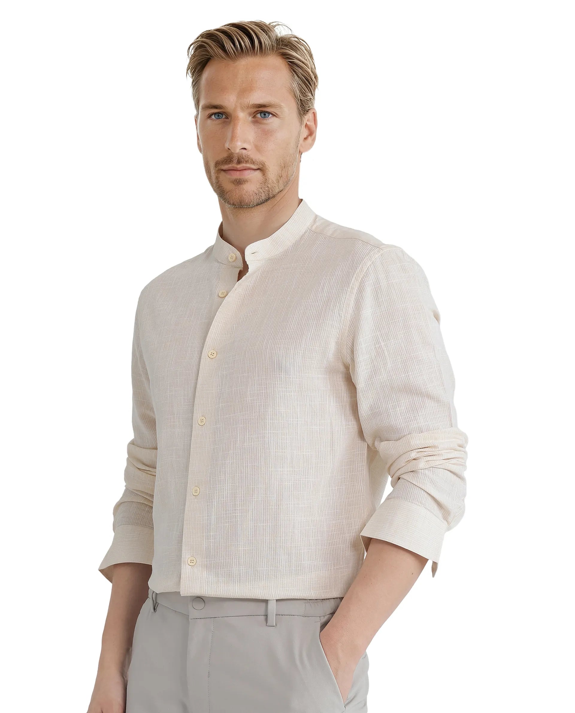 Rare Rabbit Men Gic Light Yellow Linen Full Sleeve Mandarin Collar Button Closure Plain Shirt