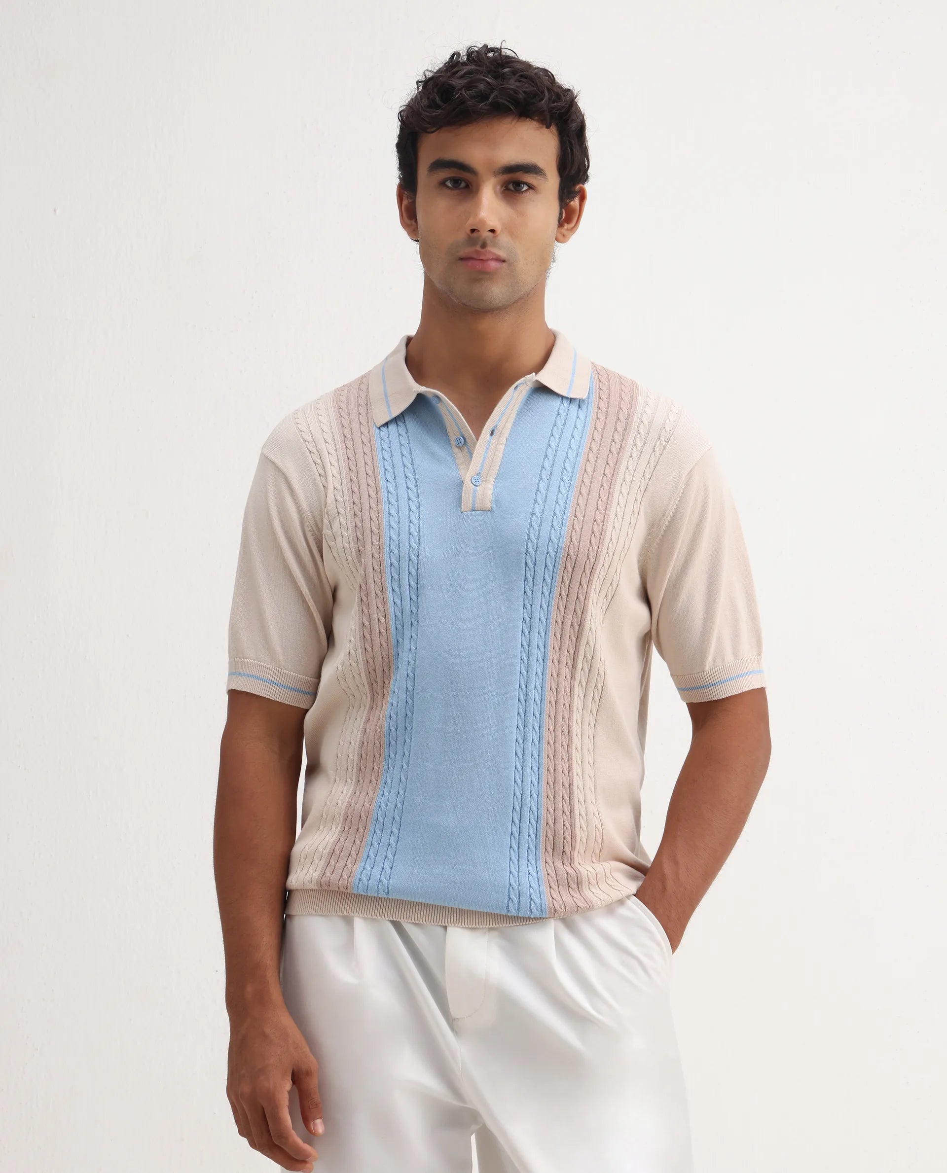 Rare Rabbit Men's Giff Light Beige Cotton Textured Regular Fit Half Sleeve Polo