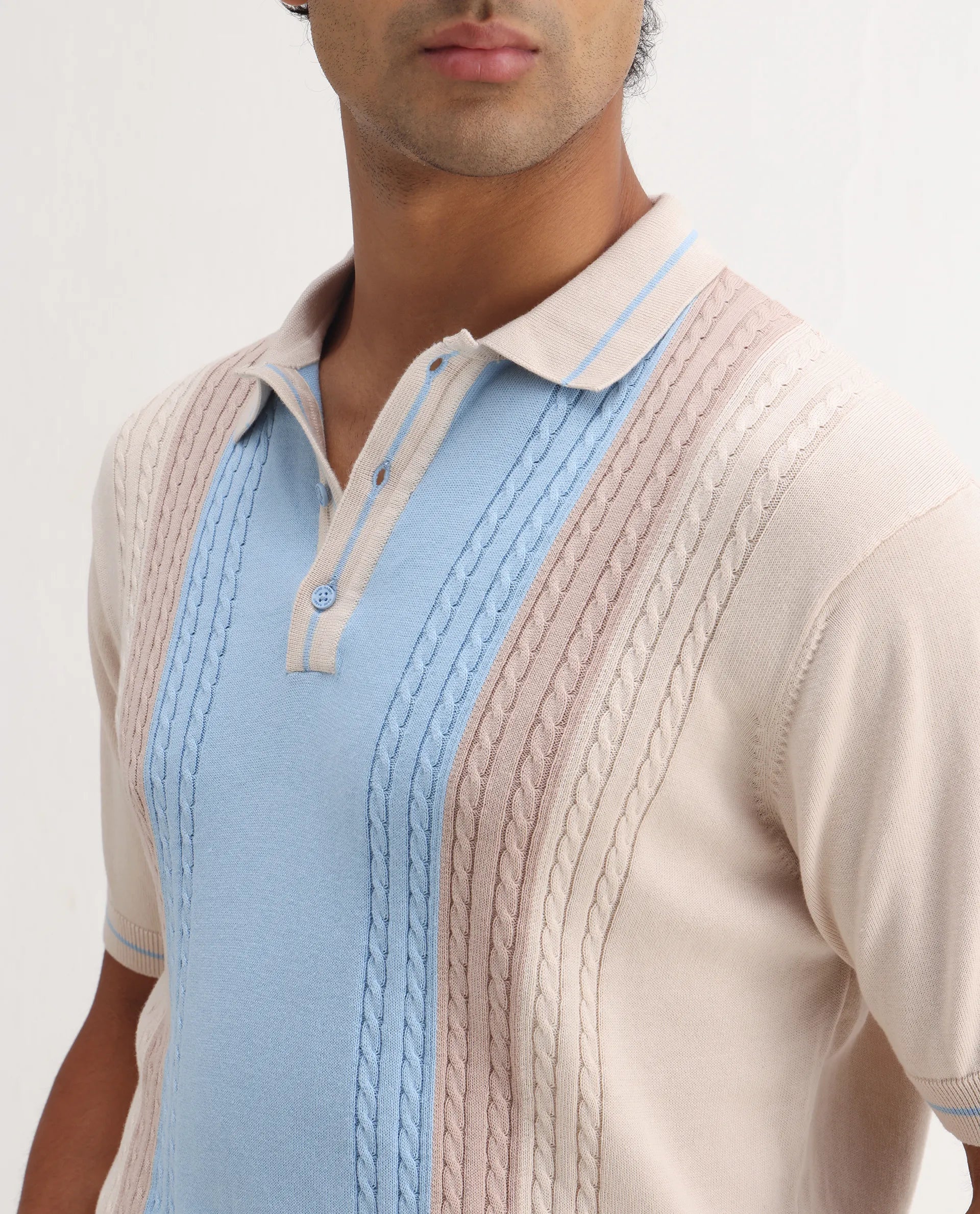 Rare Rabbit Men's Giff Light Beige Cotton Textured Regular Fit Half Sleeve Polo