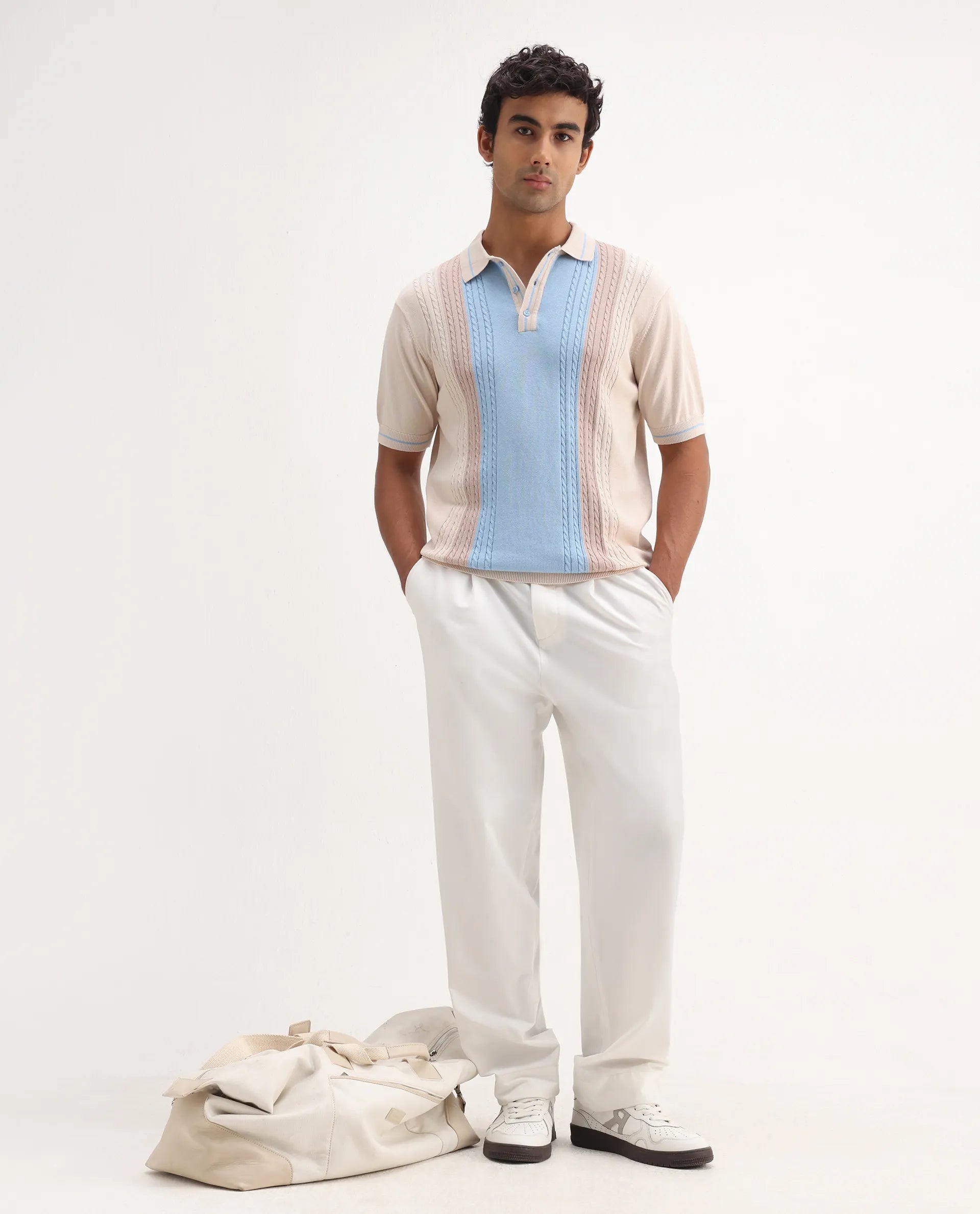 Rare Rabbit Men's Giff Light Beige Cotton Textured Regular Fit Half Sleeve Polo