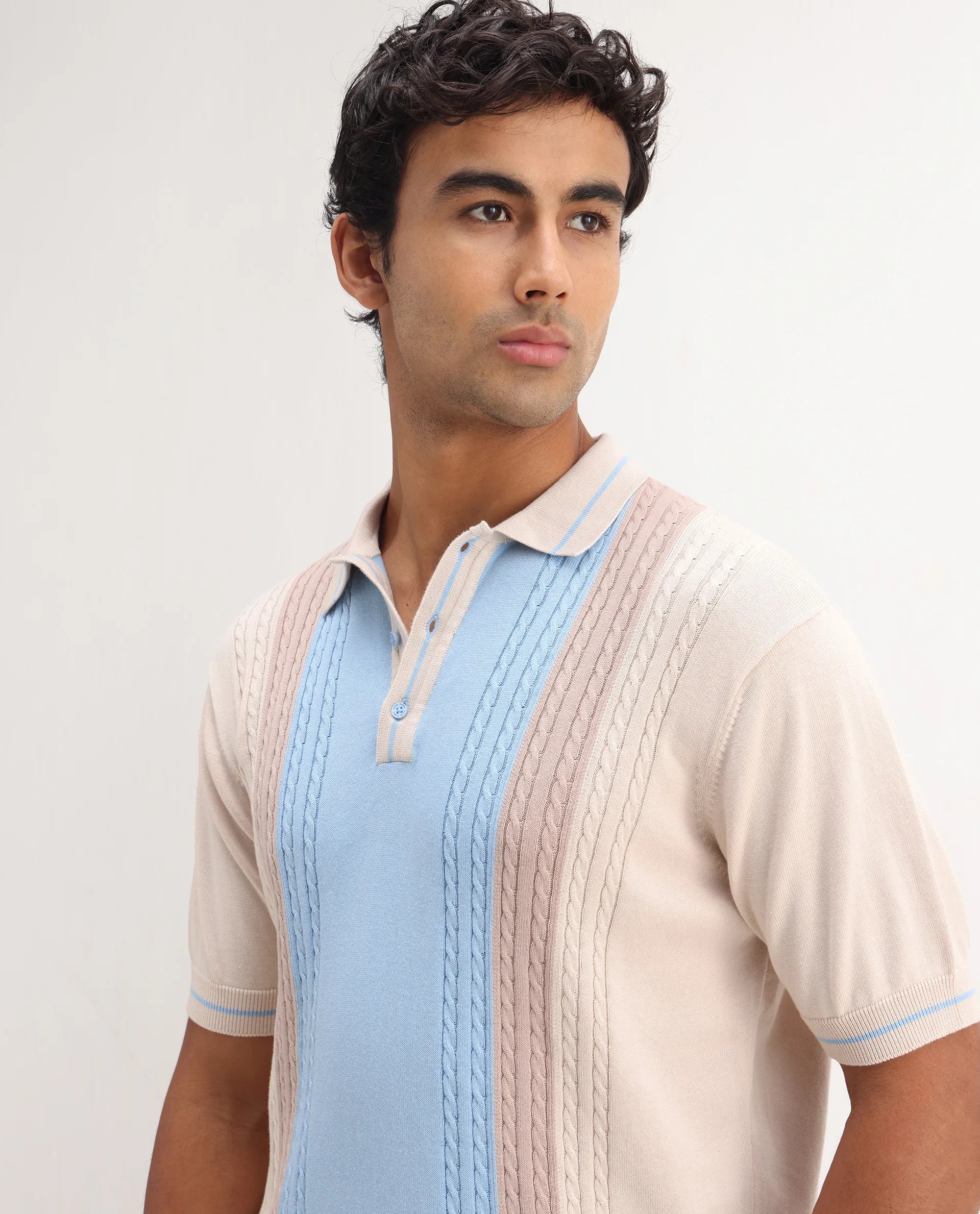 Rare Rabbit Men's Giff Light Beige Cotton Textured Regular Fit Half Sleeve Polo