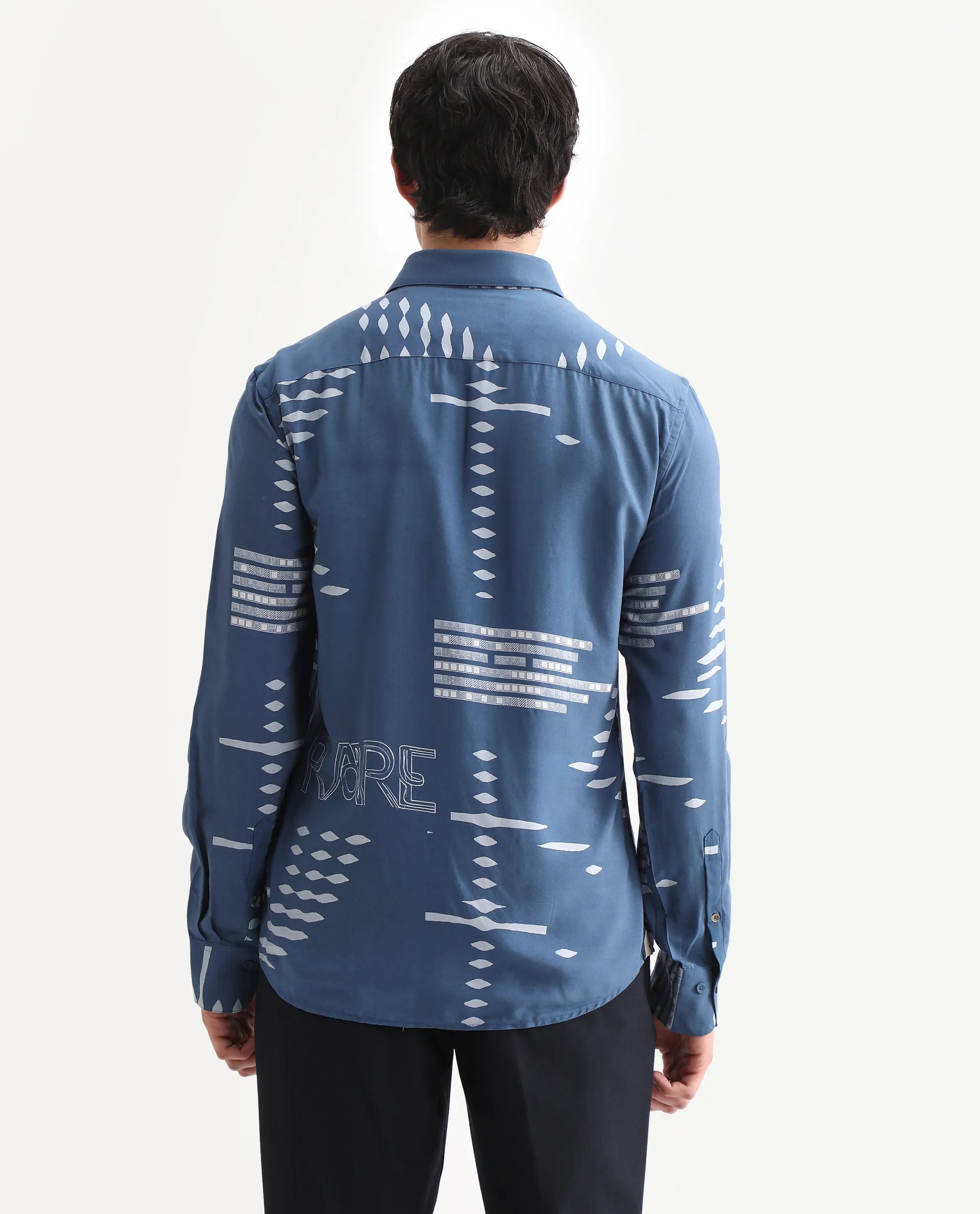 Rare Rabbit Men's Gigano-Ls Dusky Blue Tencel Blend Digital Print Regular Fit Full Sleeve Collared Shirt