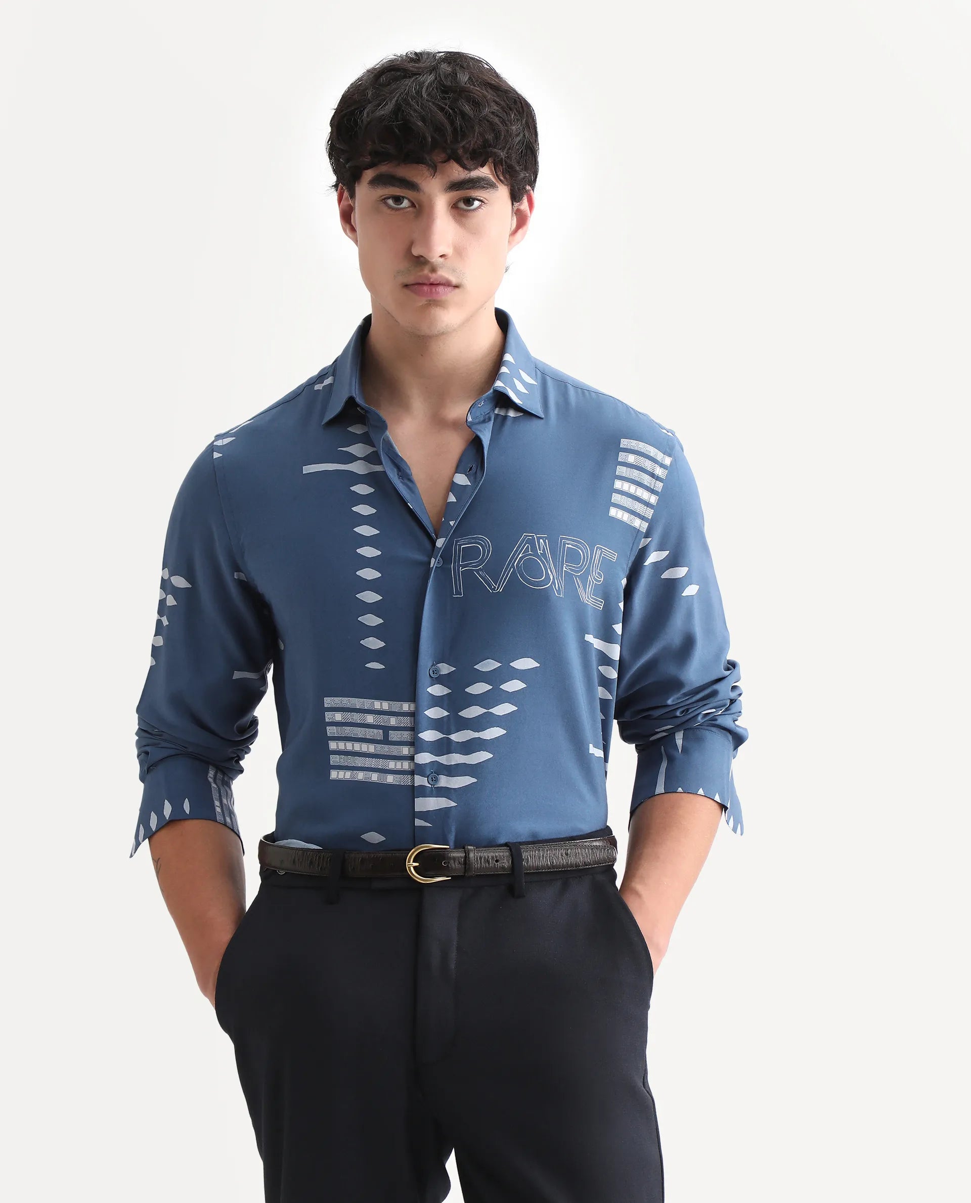 Rare Rabbit Men's Gigano-Ls Dusky Blue Tencel Blend Digital Print Regular Fit Full Sleeve Collared Shirt