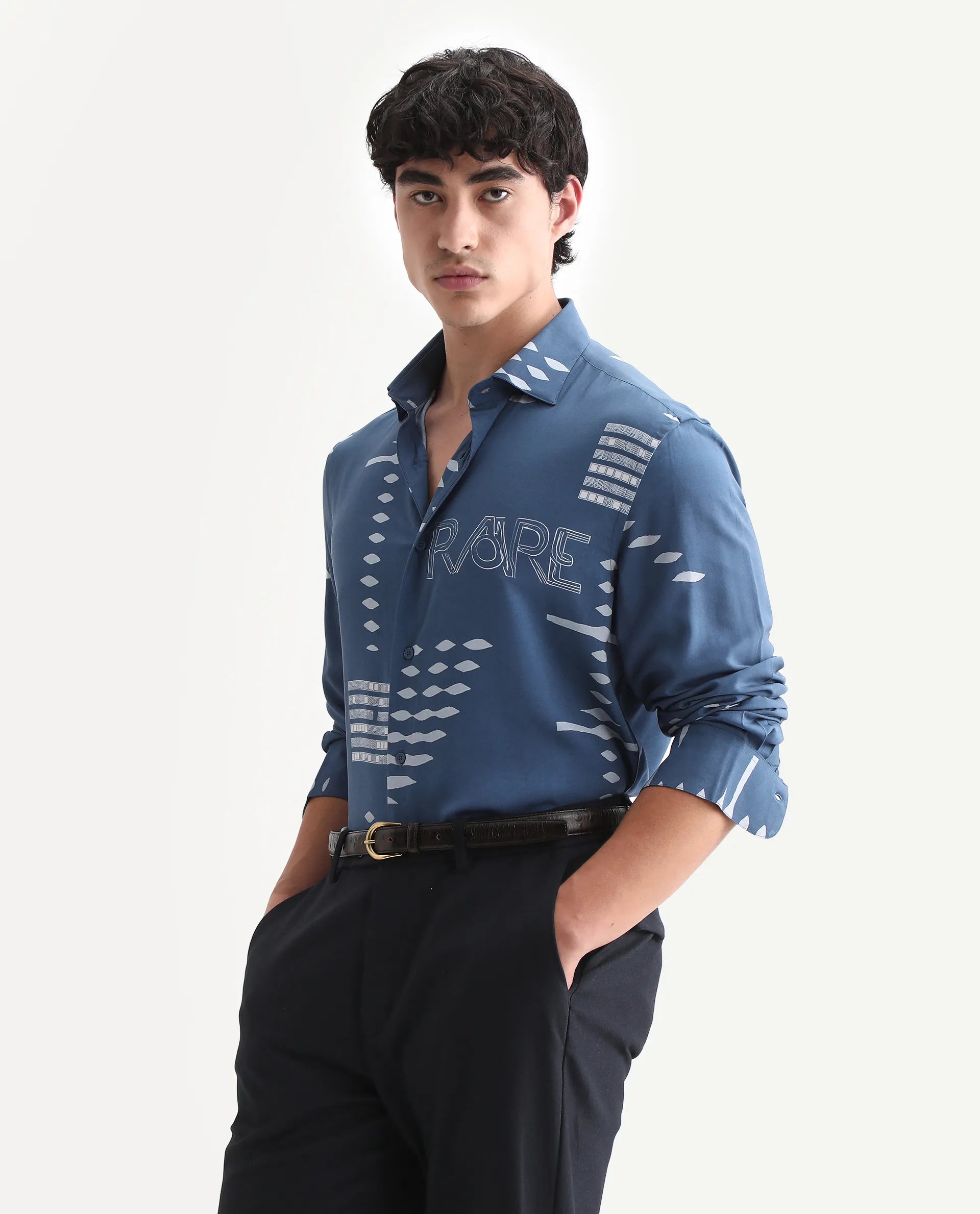 Rare Rabbit Men's Gigano-Ls Dusky Blue Tencel Blend Digital Print Regular Fit Full Sleeve Collared Shirt
