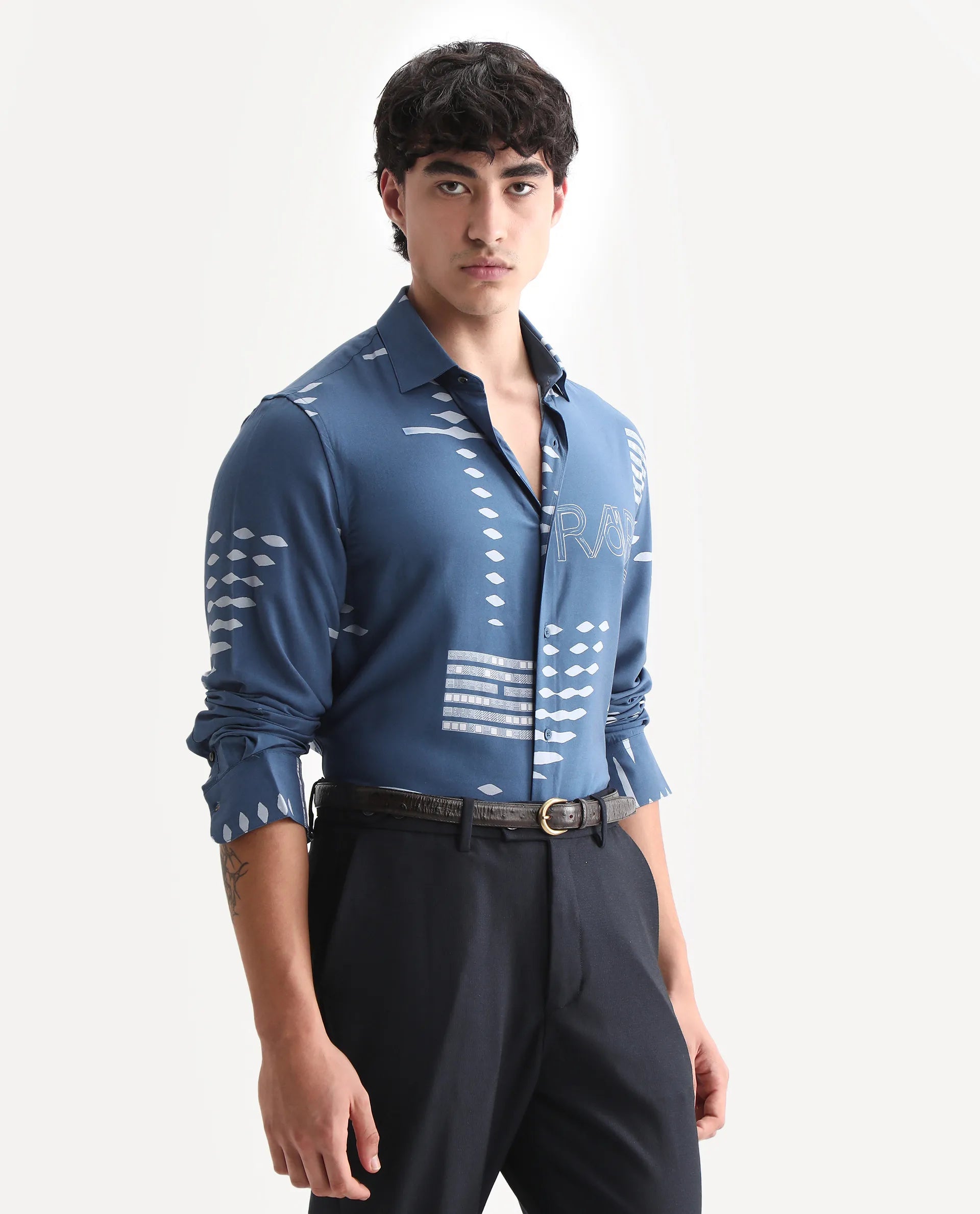 Rare Rabbit Men's Gigano-Ls Dusky Blue Tencel Blend Digital Print Regular Fit Full Sleeve Collared Shirt