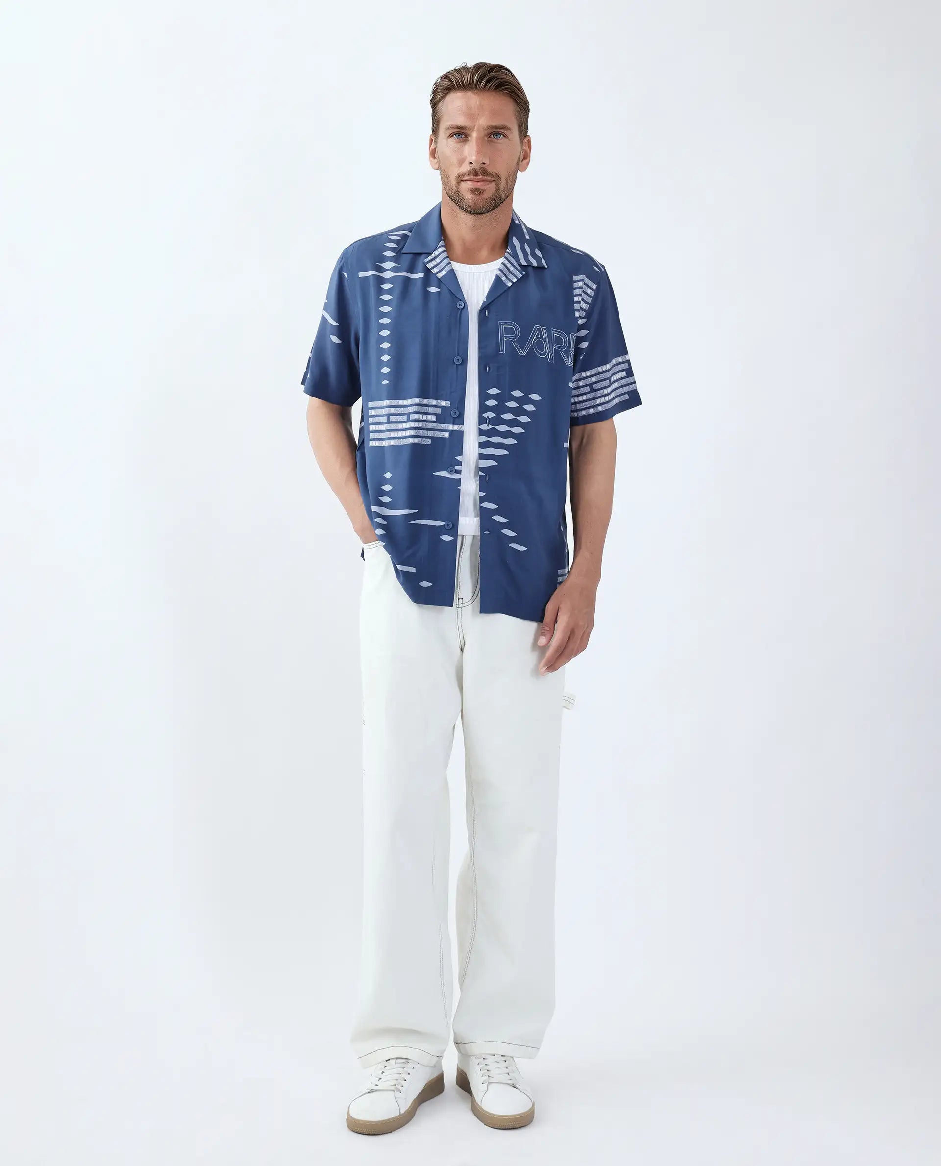 Rare Rabbit Men's Gigano-Ss Dusky Blue Tencel Blend Digital Print Regular Fit Half Sleeve Collared Shirt