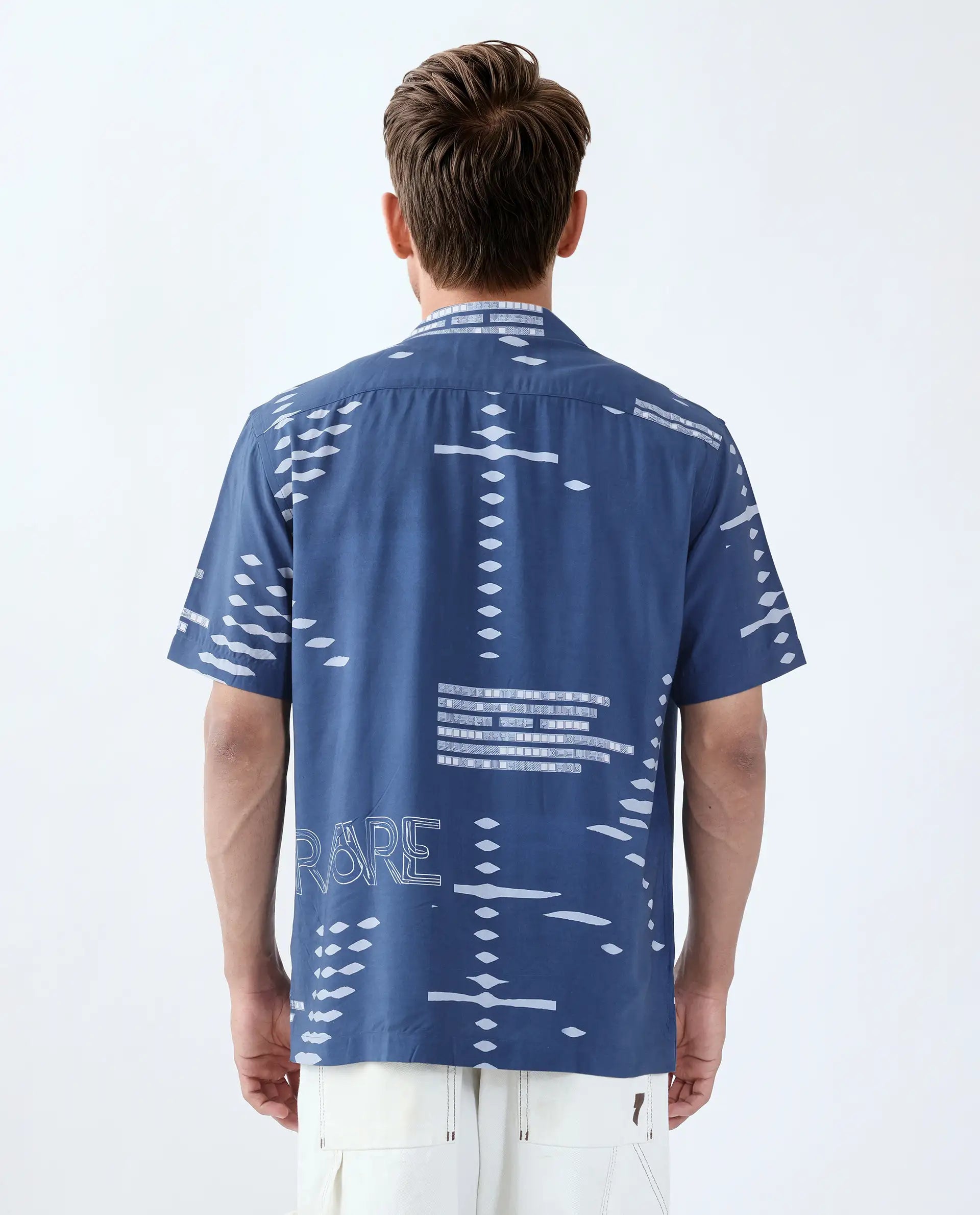 Rare Rabbit Men's Gigano-Ss Dusky Blue Tencel Blend Digital Print Regular Fit Half Sleeve Collared Shirt