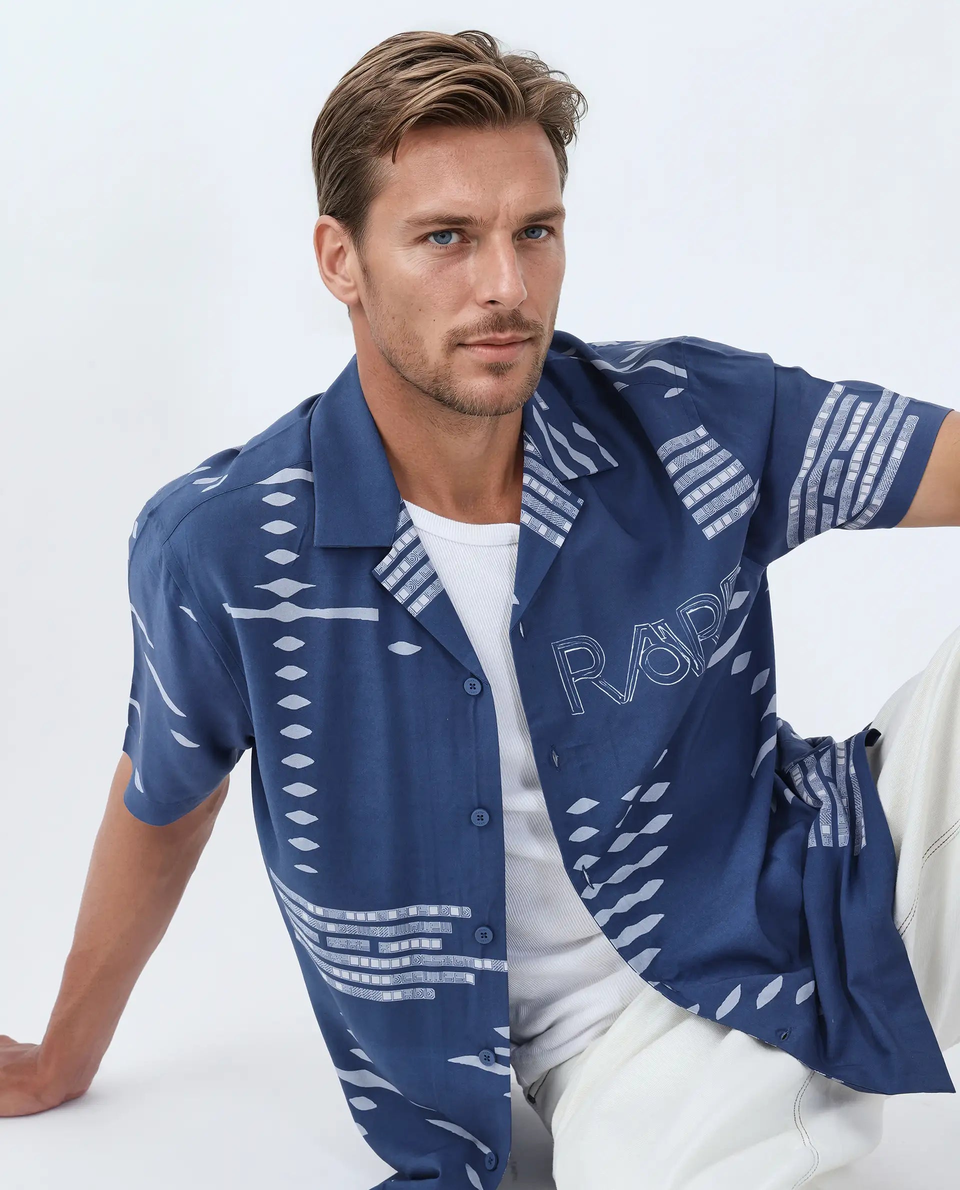 Rare Rabbit Men's Gigano-Ss Dusky Blue Tencel Blend Digital Print Regular Fit Half Sleeve Collared Shirt