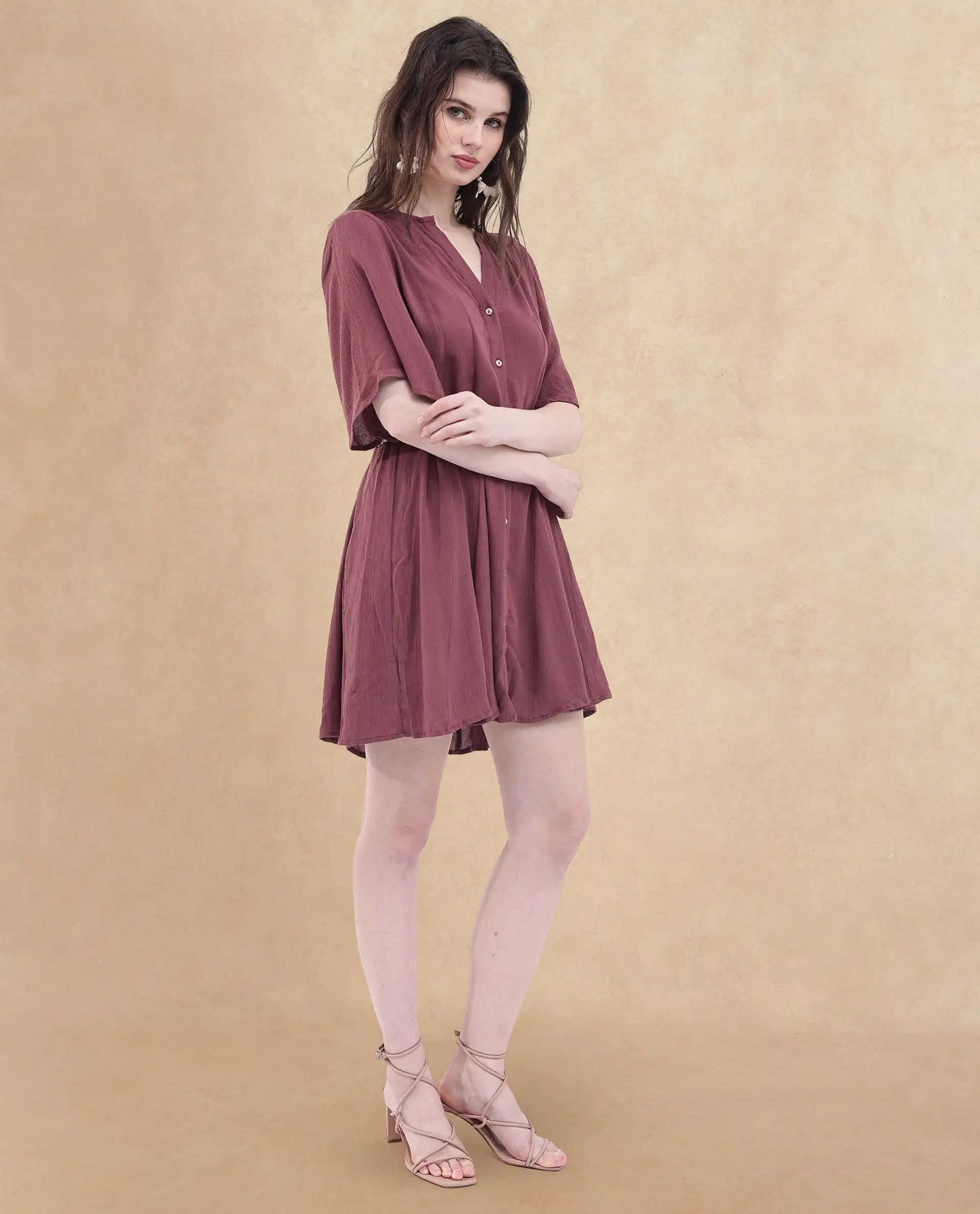 Rareism Women's Gildmore Maroon Rayon Fabric V-Neck Button Closure Flared Sleeve Plain Flared Mini Dress