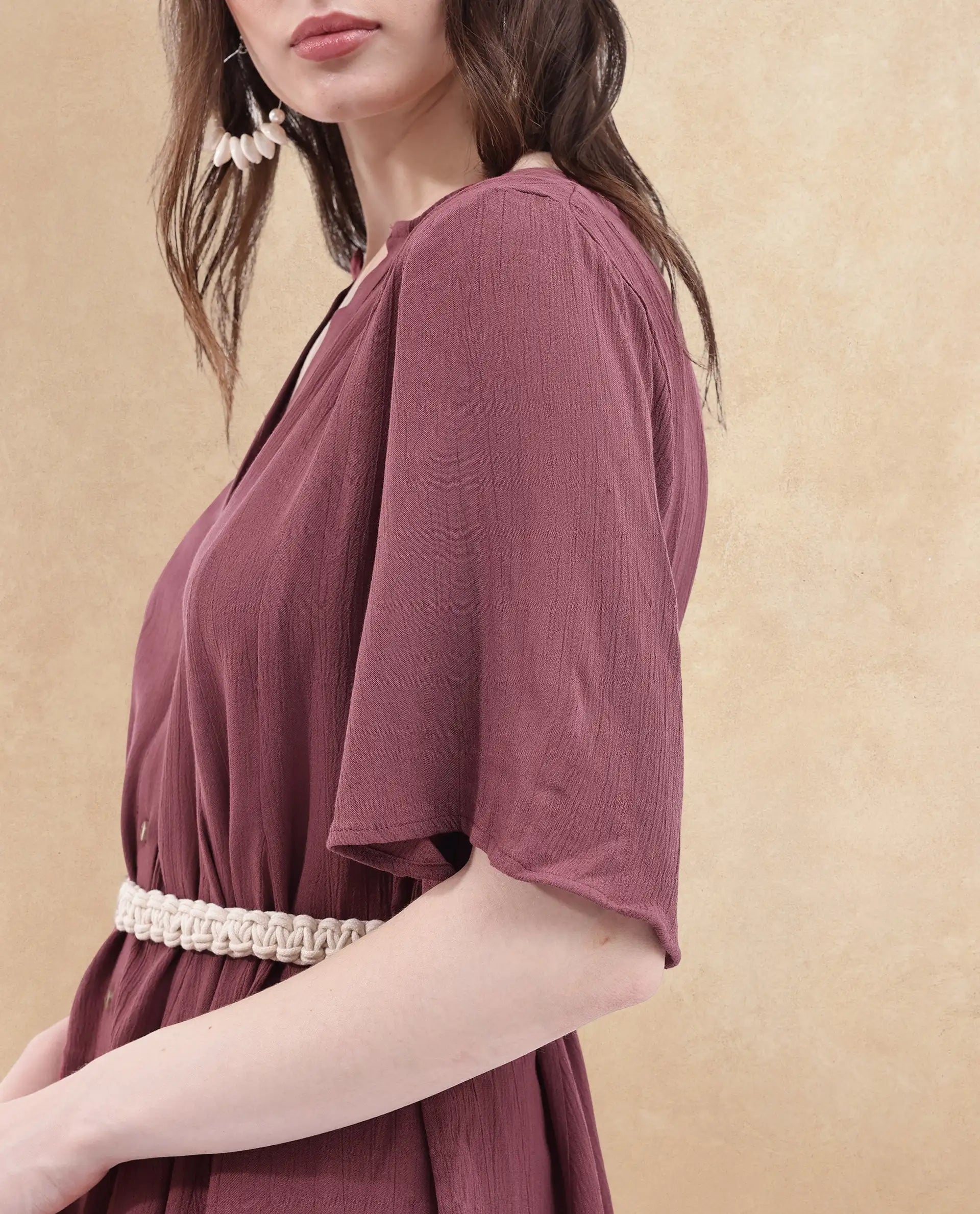 Rareism Women's Gildmore Maroon Rayon Fabric V-Neck Button Closure Flared Sleeve Plain Flared Mini Dress