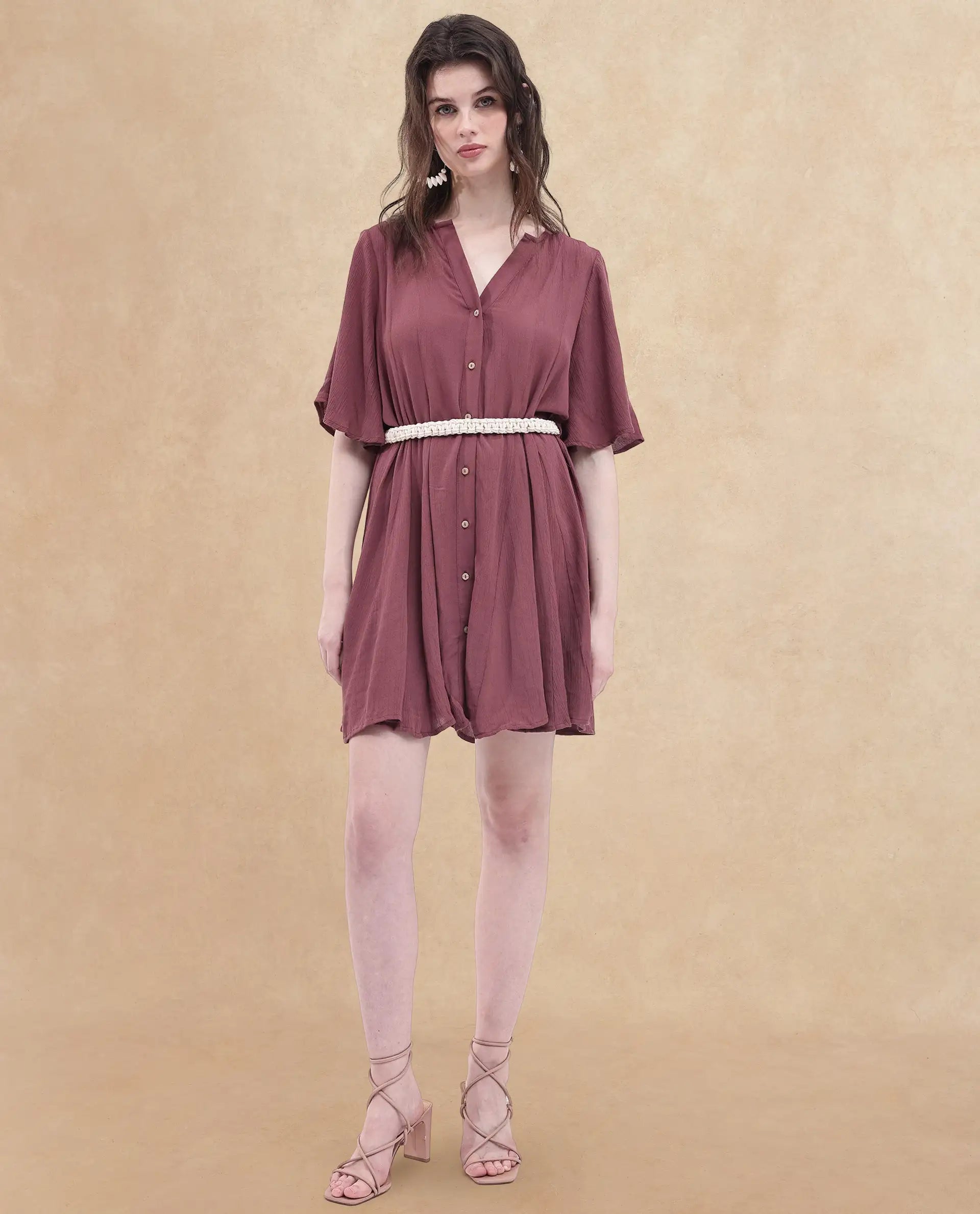 Rareism Women's Gildmore Maroon Rayon Fabric V-Neck Button Closure Flared Sleeve Plain Flared Mini Dress