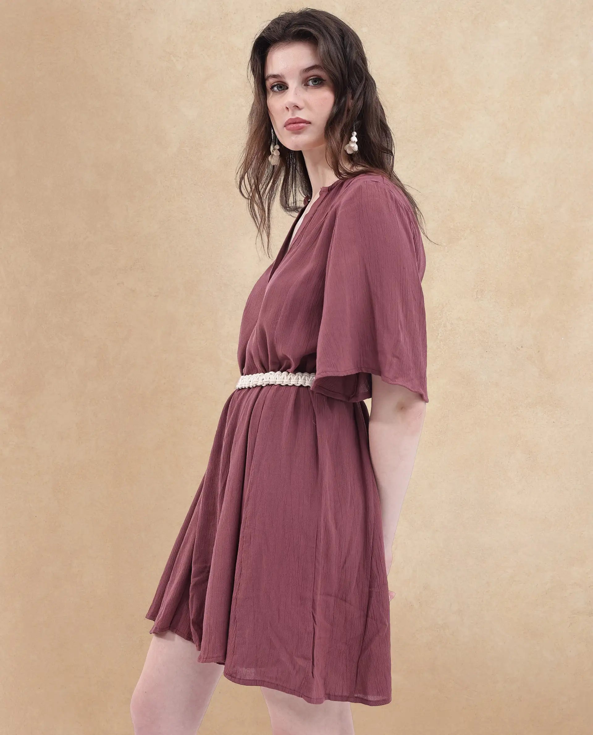 Rareism Women's Gildmore Maroon Rayon Fabric V-Neck Button Closure Flared Sleeve Plain Flared Mini Dress