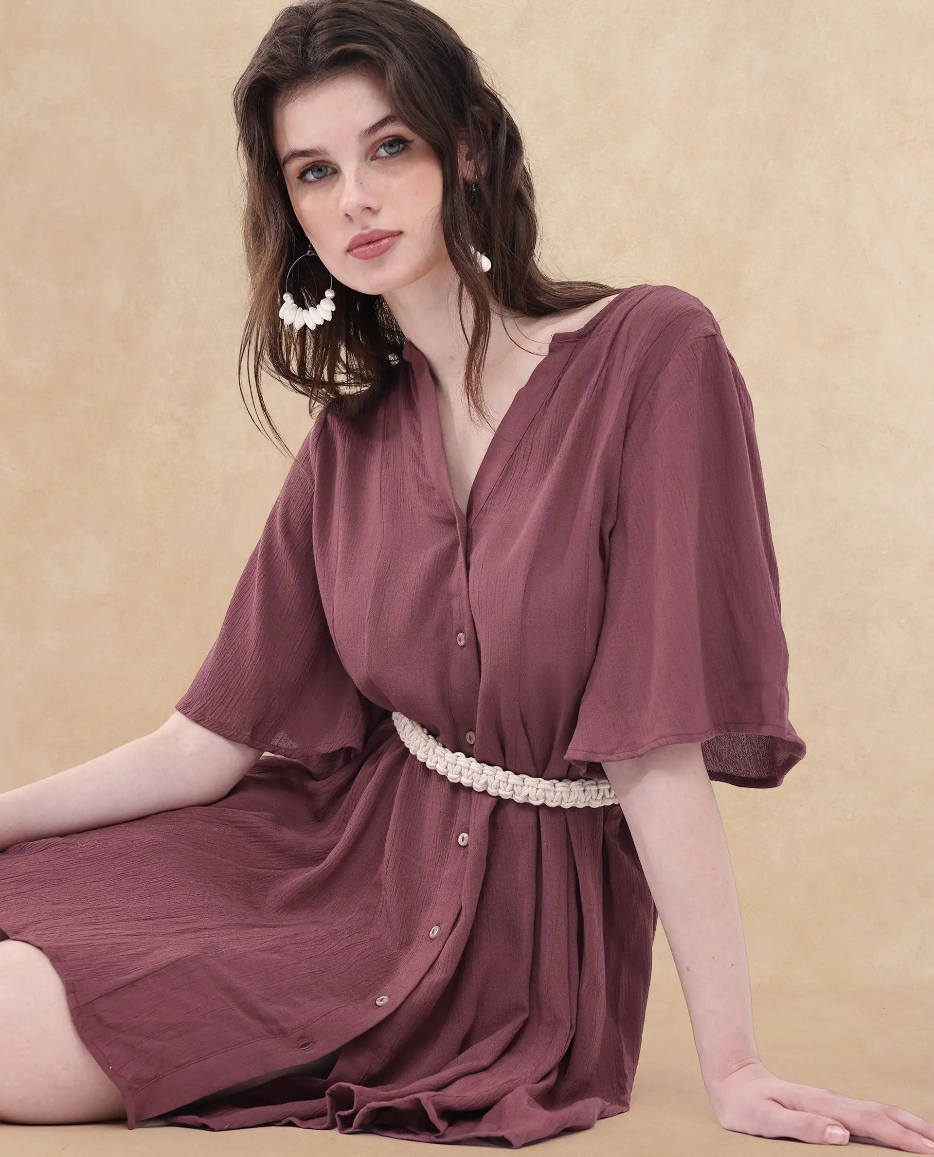 Rareism Women's Gildmore Maroon Rayon Fabric V-Neck Button Closure Flared Sleeve Plain Flared Mini Dress