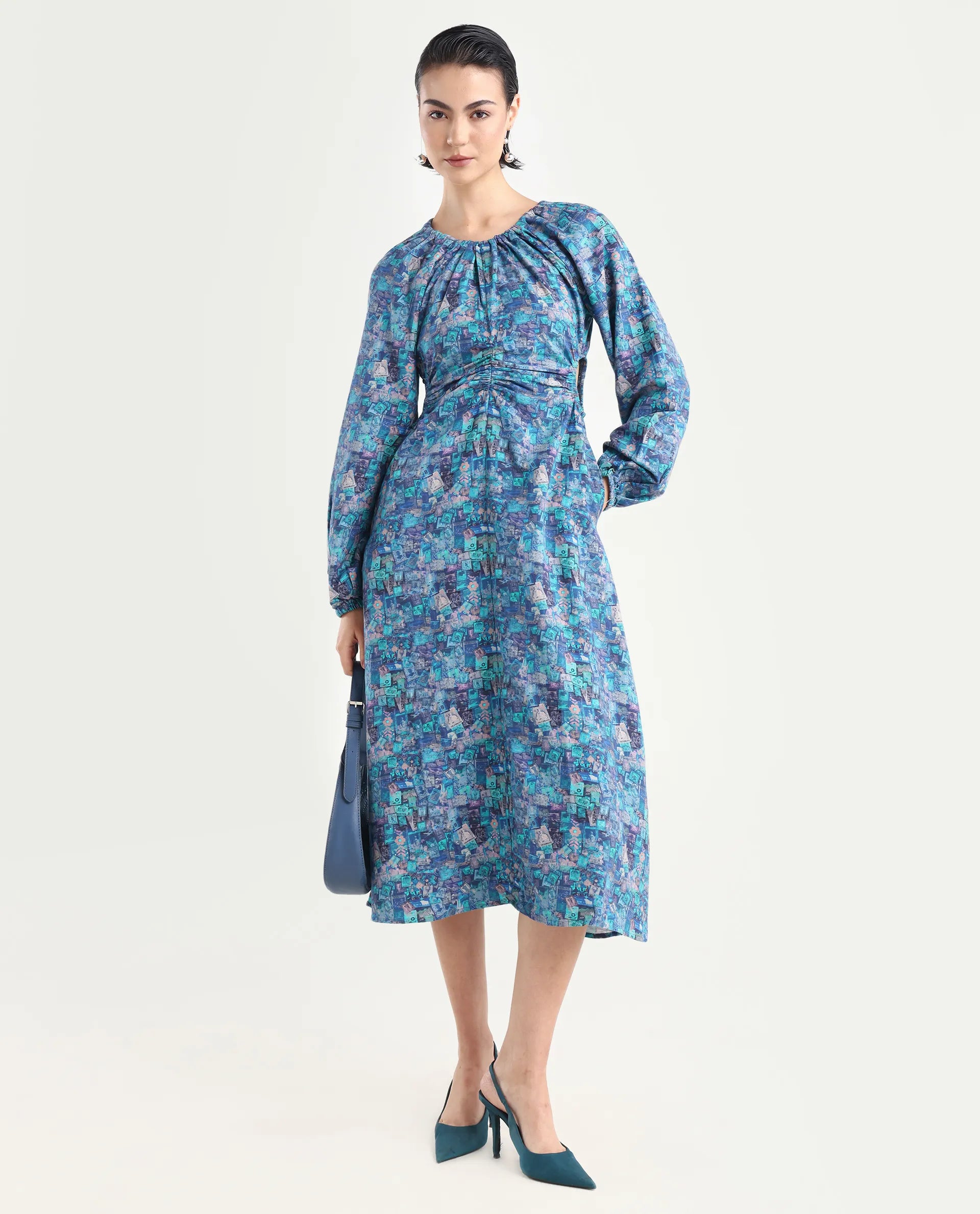 Rareism Women's Gilf Blue Rayon Blend Crew Neck Object Print Puff Sleeves Maxi A-Line Dress